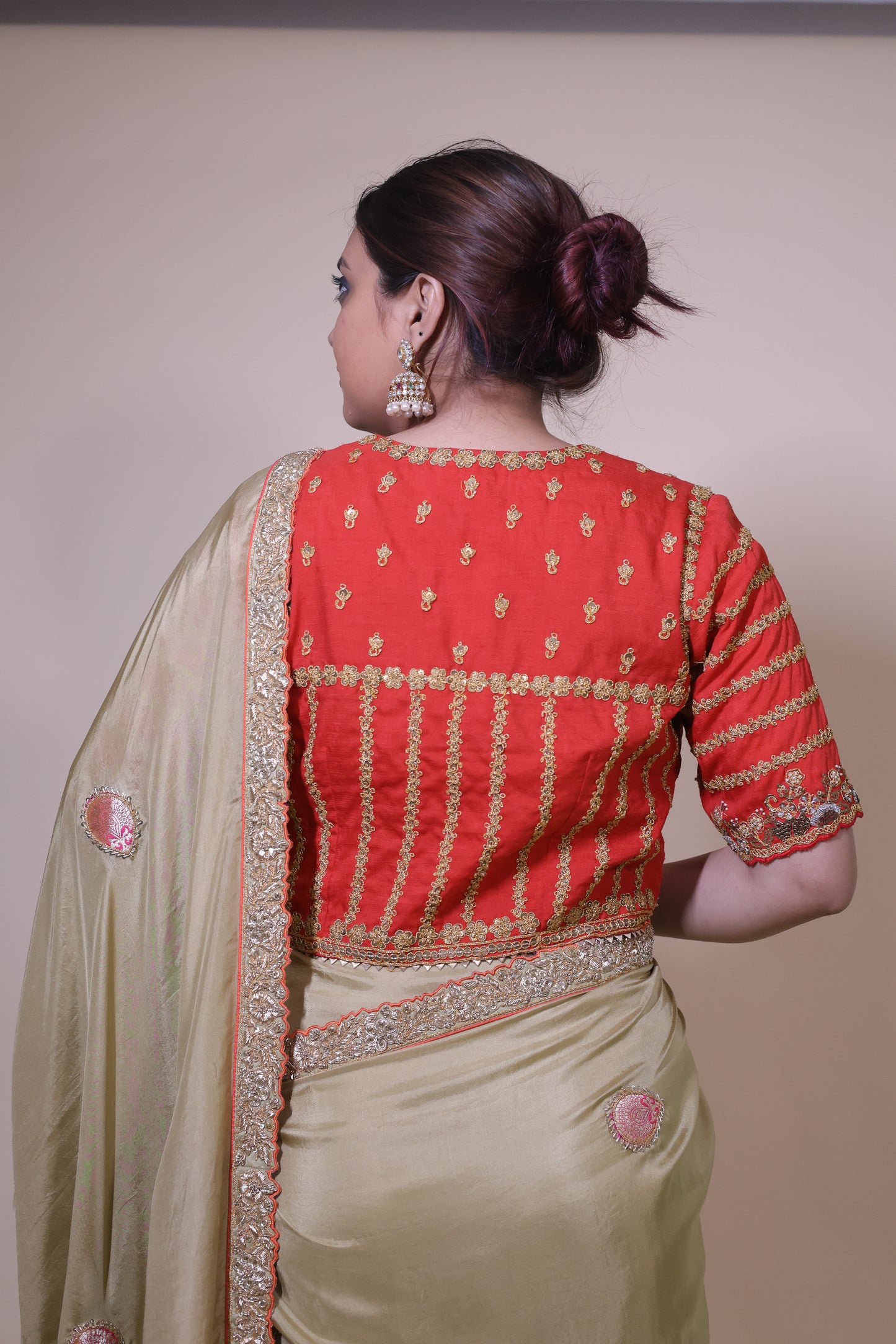 Green Silk Zardozi Saree with Rust Blouse