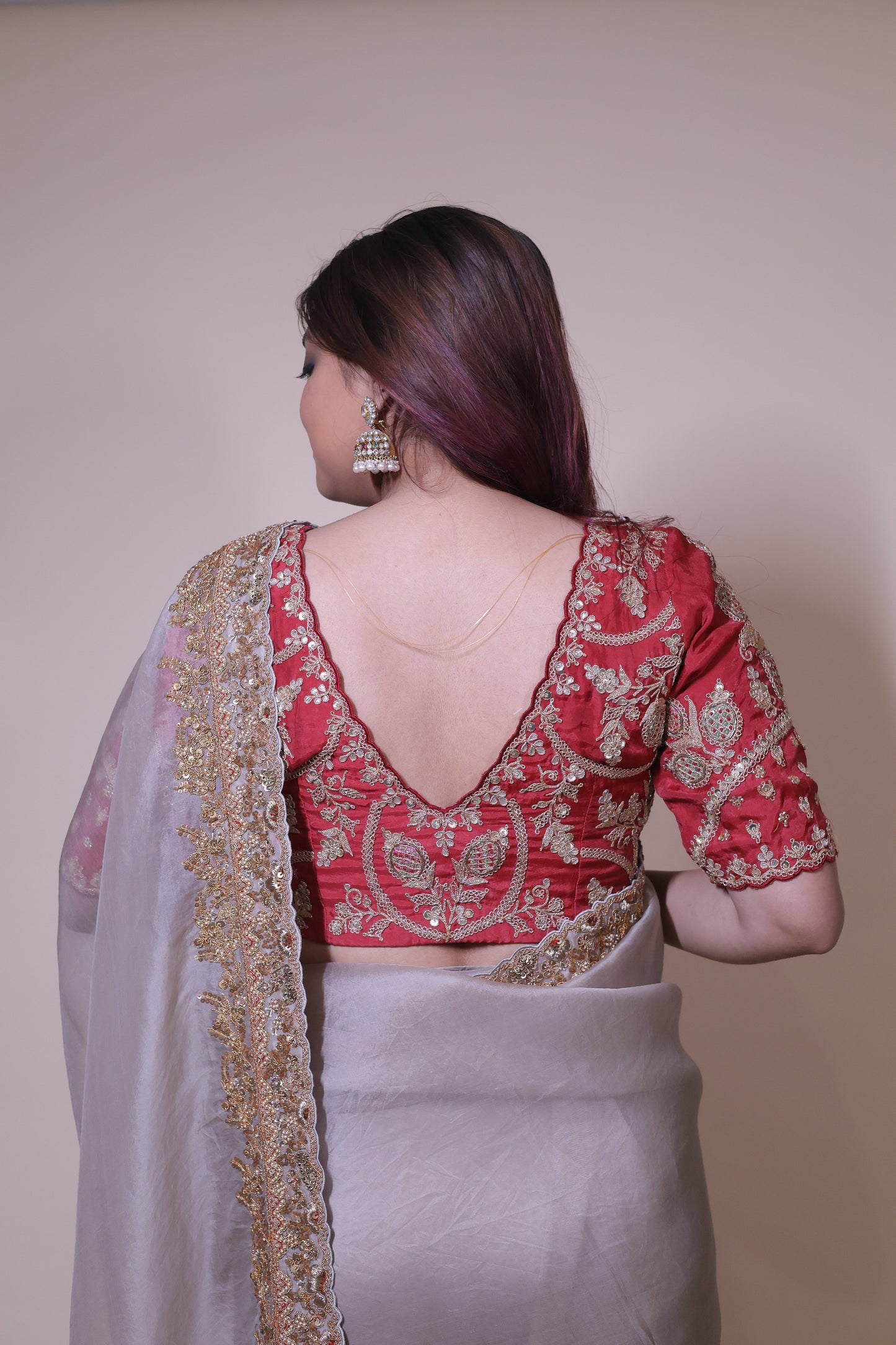 Beige Organza Saree with Red Blouse