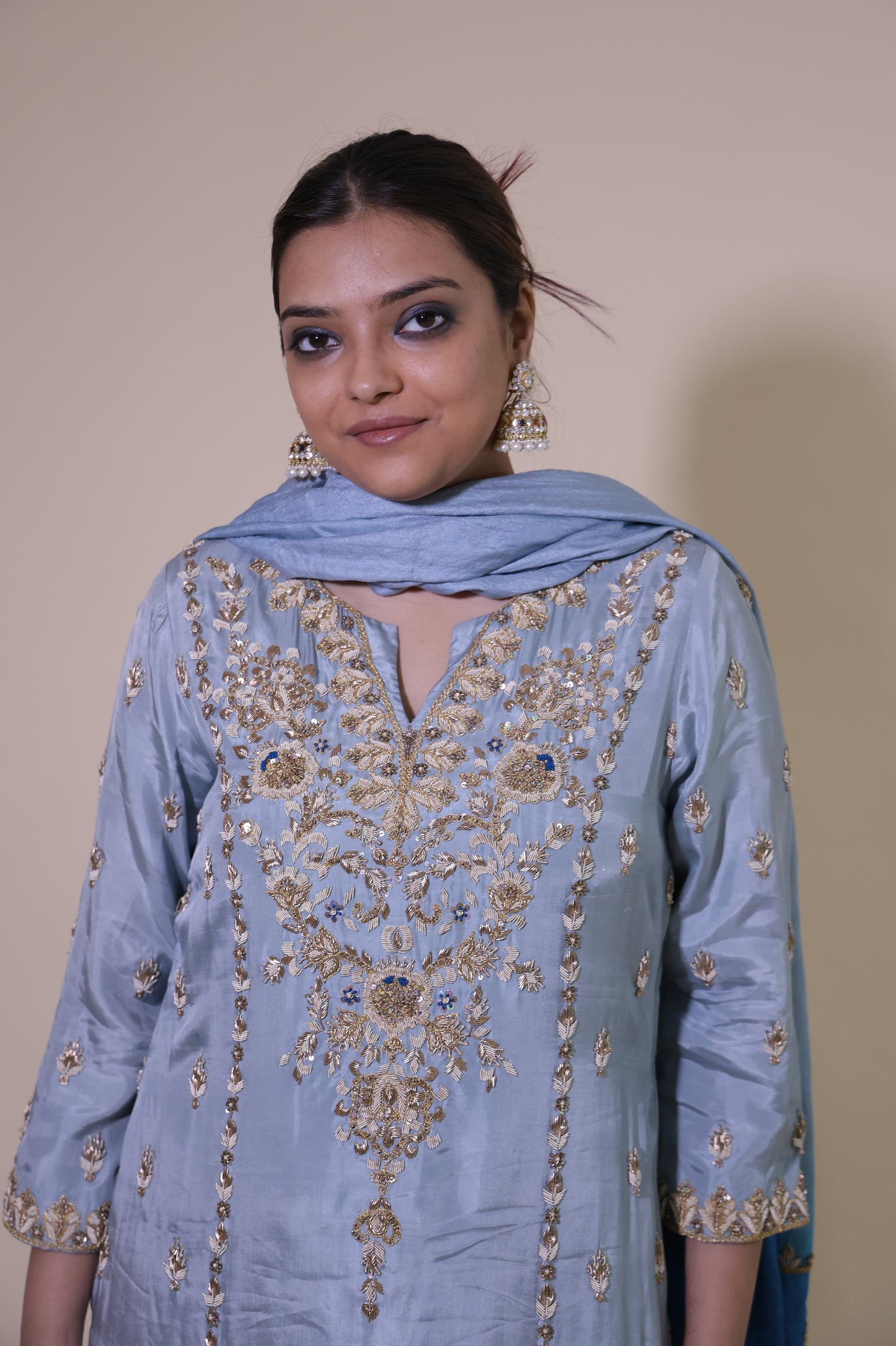 Blue Silk Pakistani Suit with Zardosi Handwork