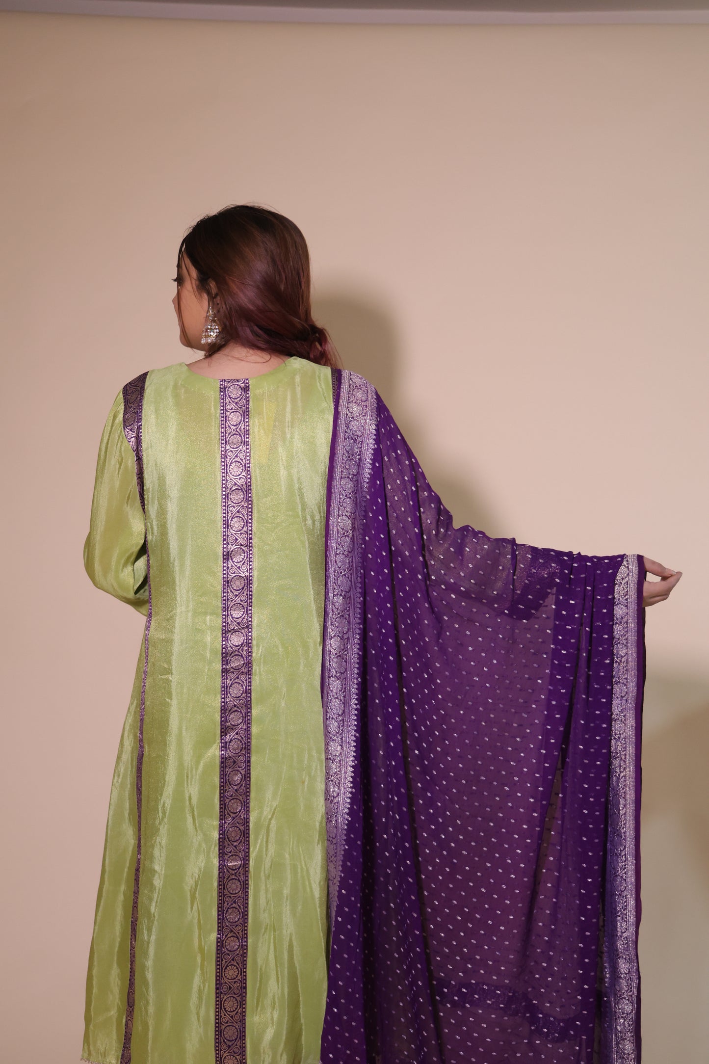 Tissue Gree and Purple Silk Banarasi Salwar Suit with Dori Marodi with Georgette Banarasi Dupatta