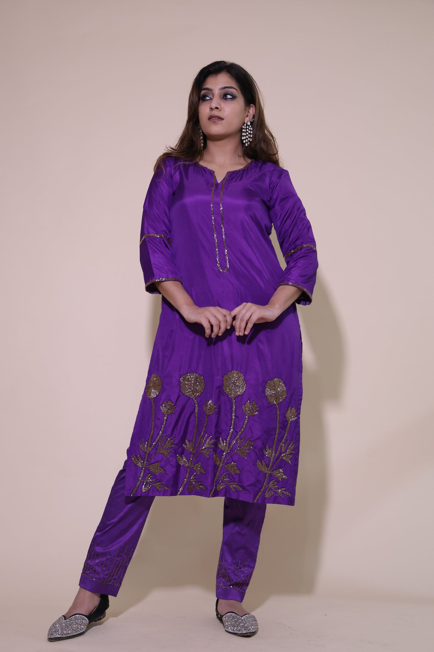 Purple Silk Kurta Set with Cutdana Floral Embroidery