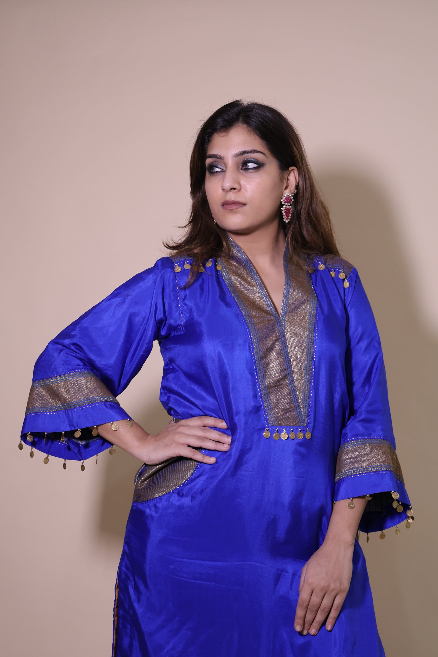 Dark Blue Banarasi Silk Kurta Set with Mustard Pants