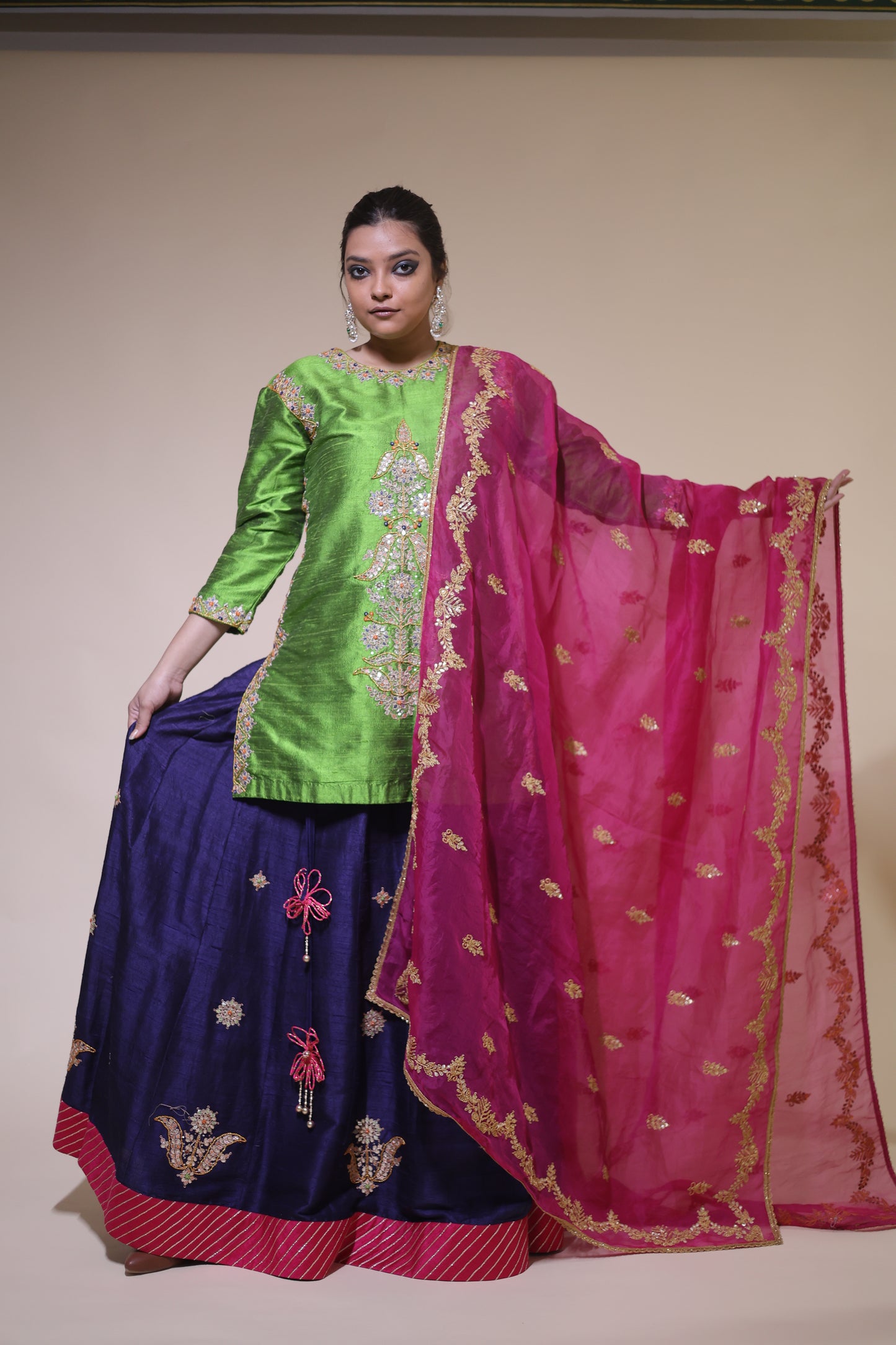 Beautiful colored lehenga with raani organza dupatta