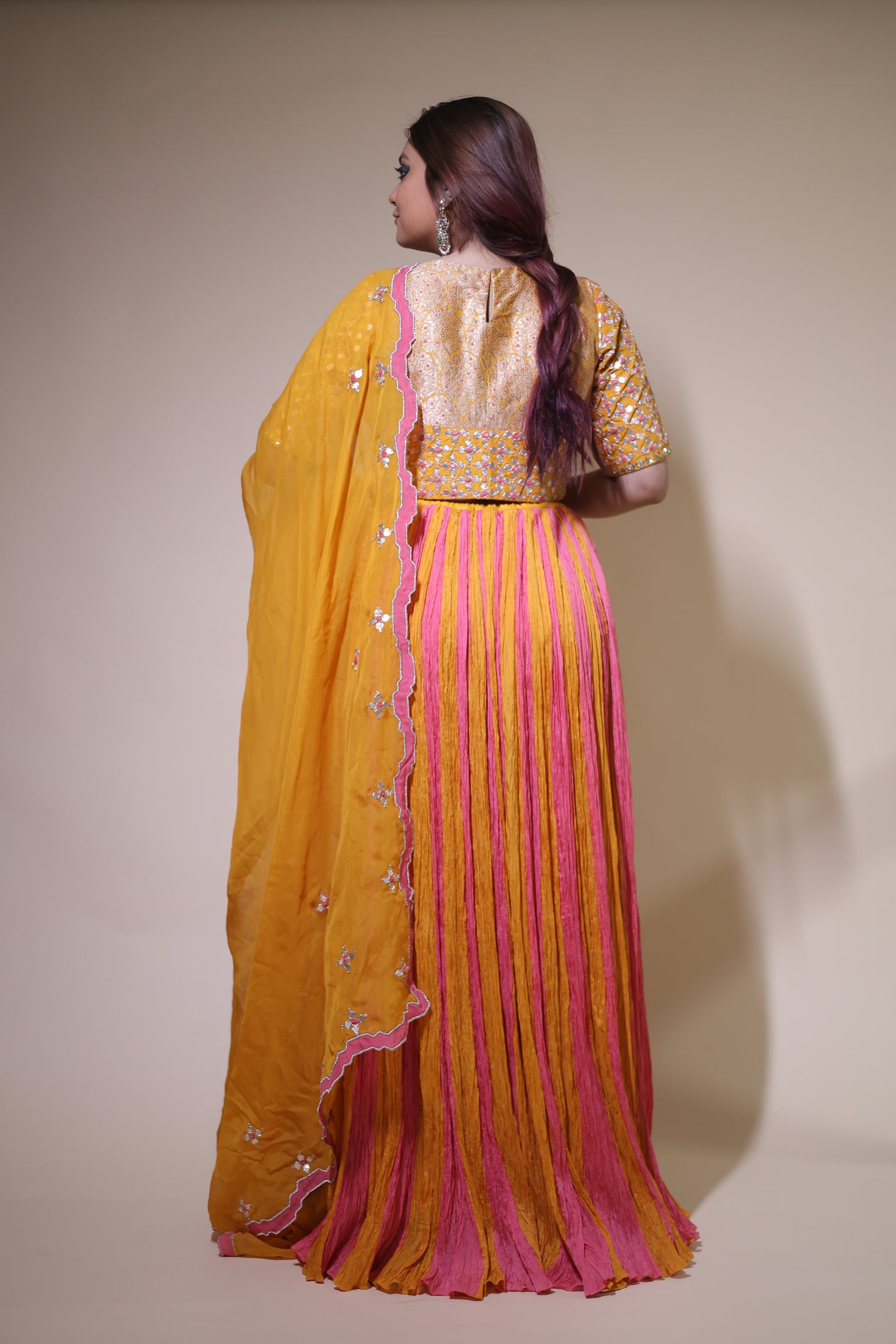 Yellow & pink sil crushed Lehenga