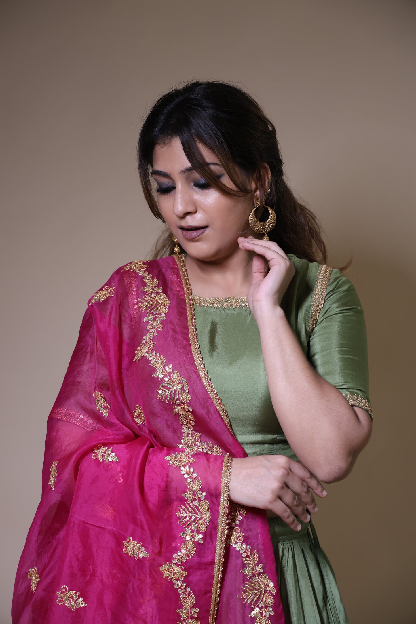 Green Silk dori madodi work Lehenga with raani organza dupatta