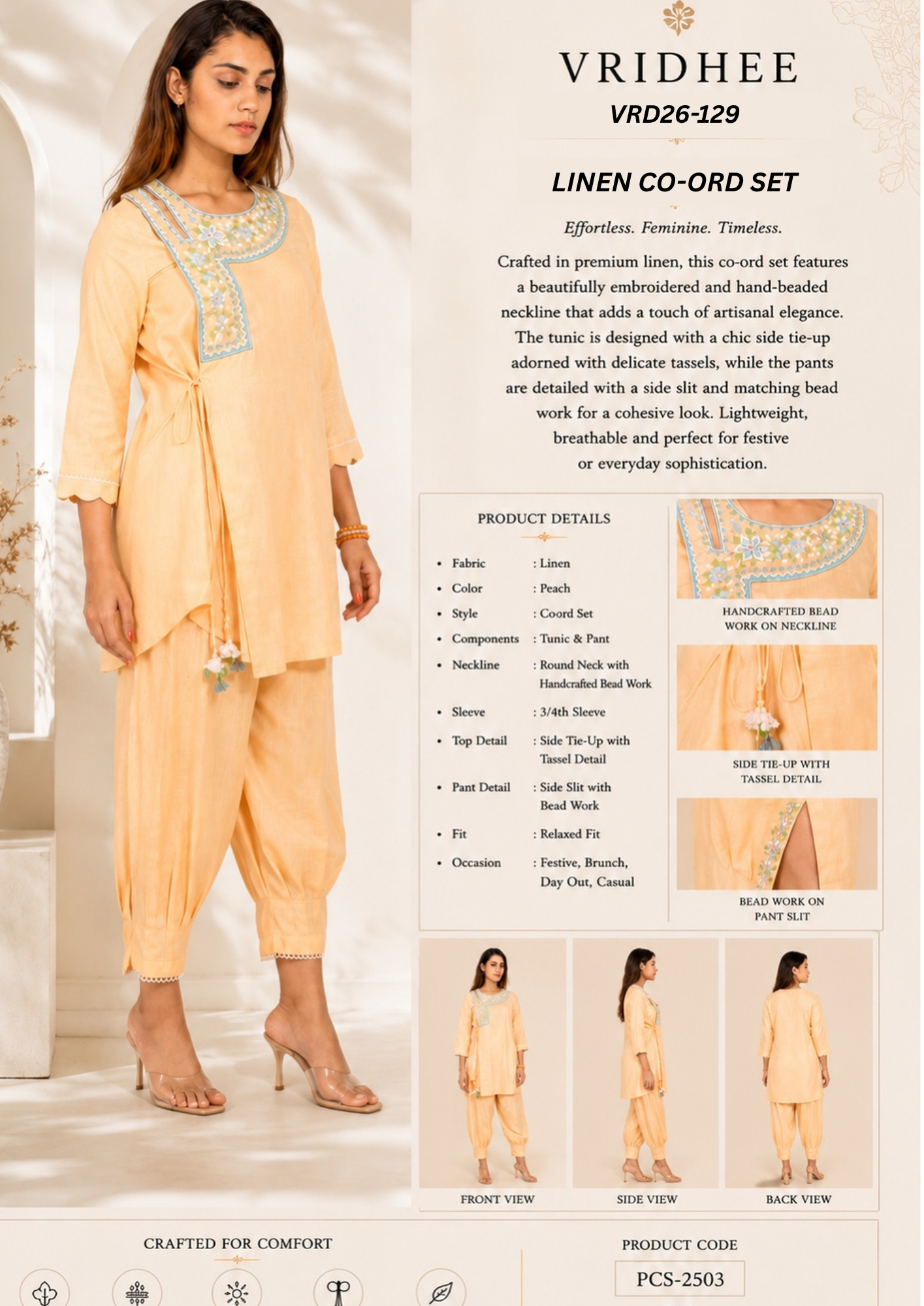 Peach linen co ord set with beads handwork