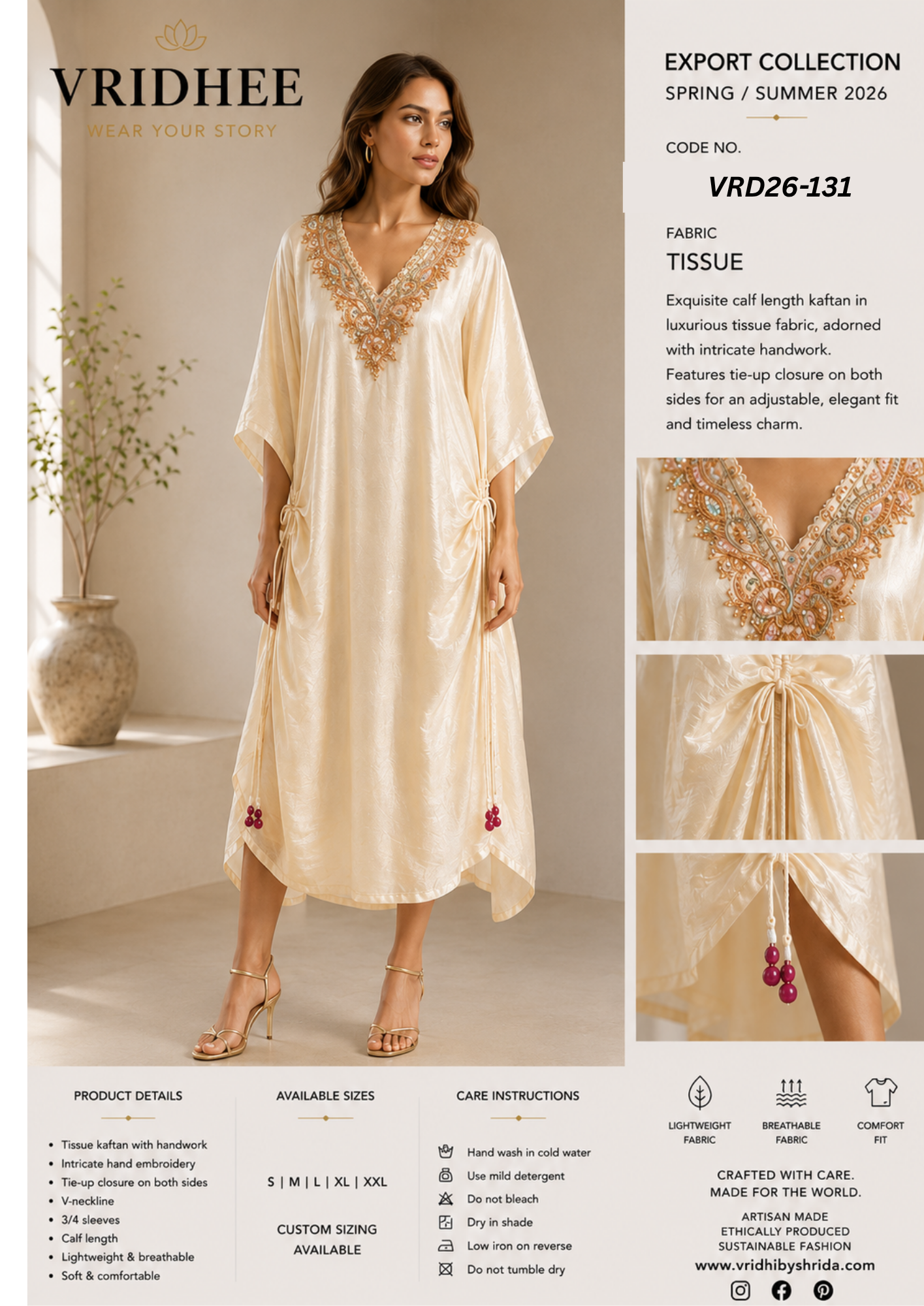 Beige tissue kaftaan dress with handwork