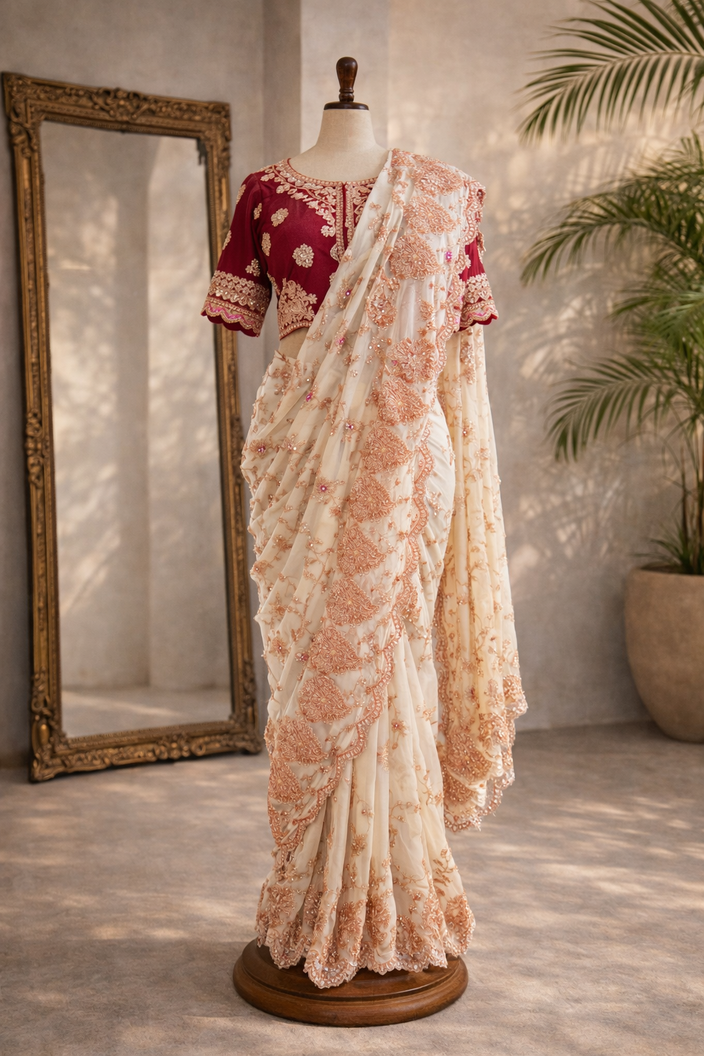 Beige Gotta Patti Saree with Red & Pink Blouse