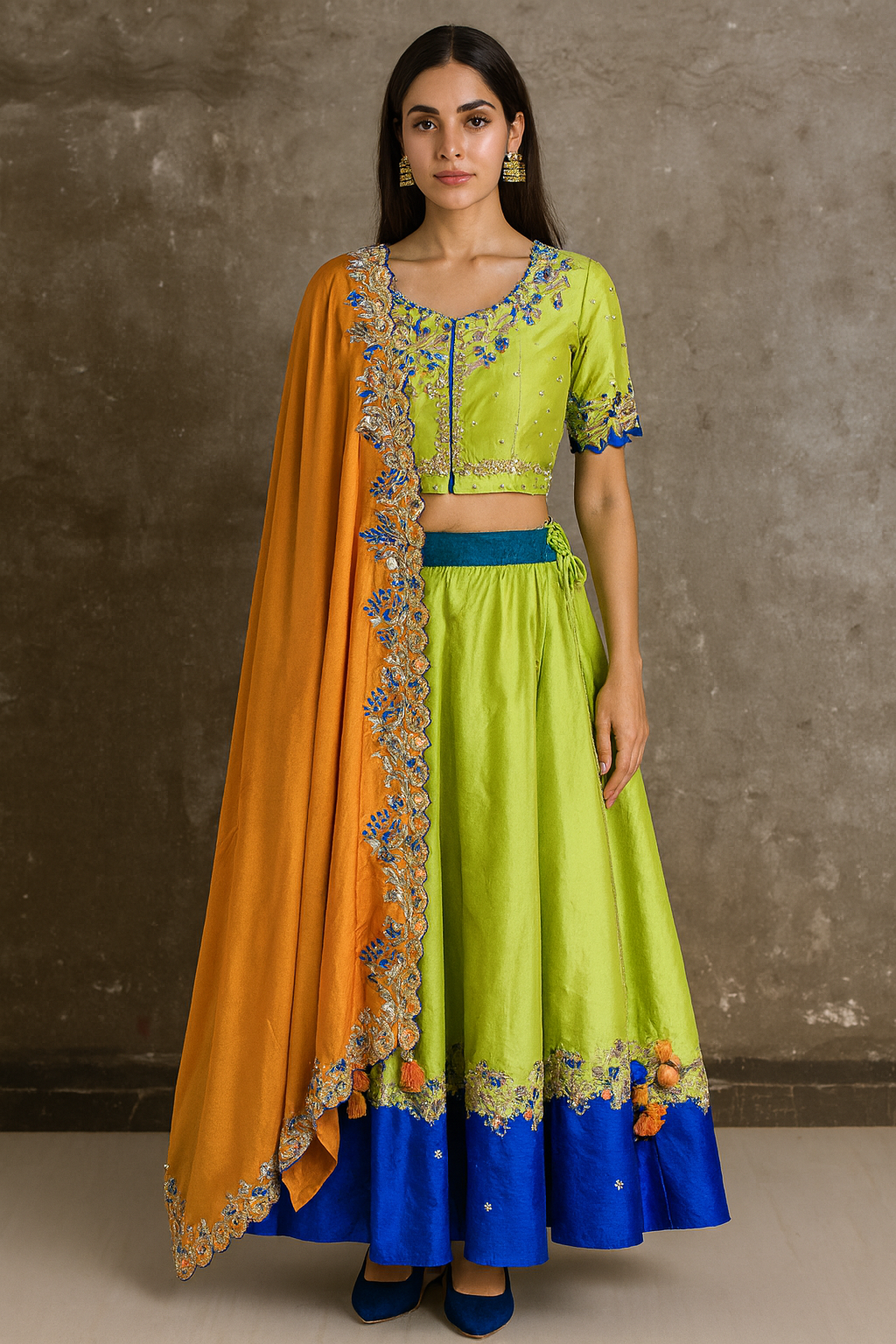 Green and blue silk Lehenga