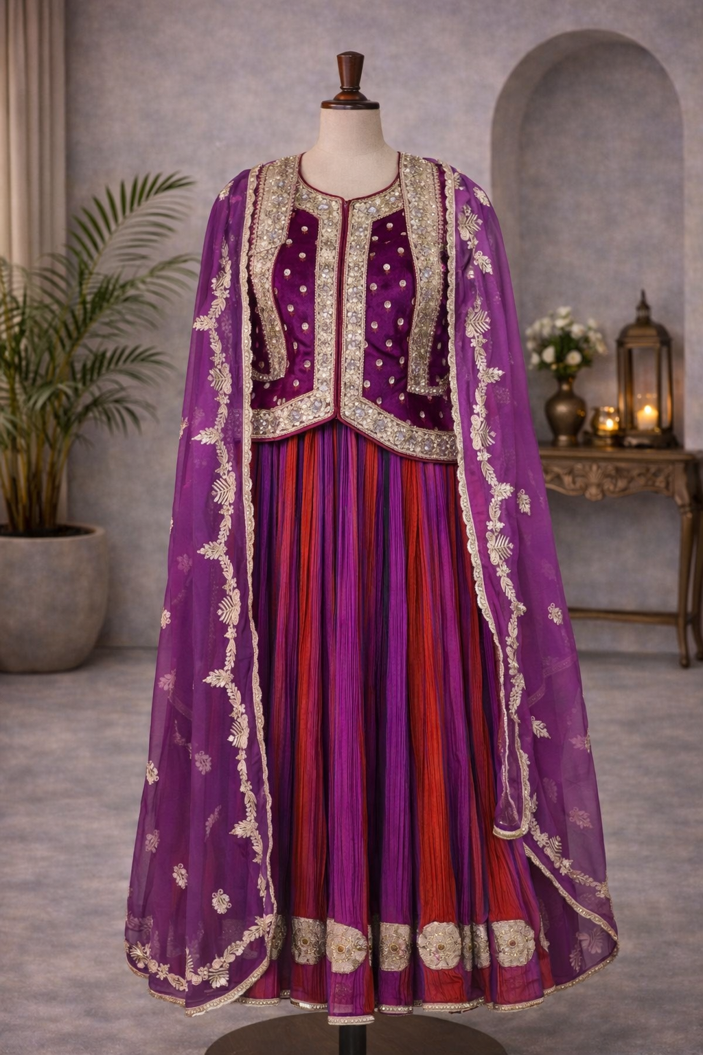 Red and Purple crushed lehenga set