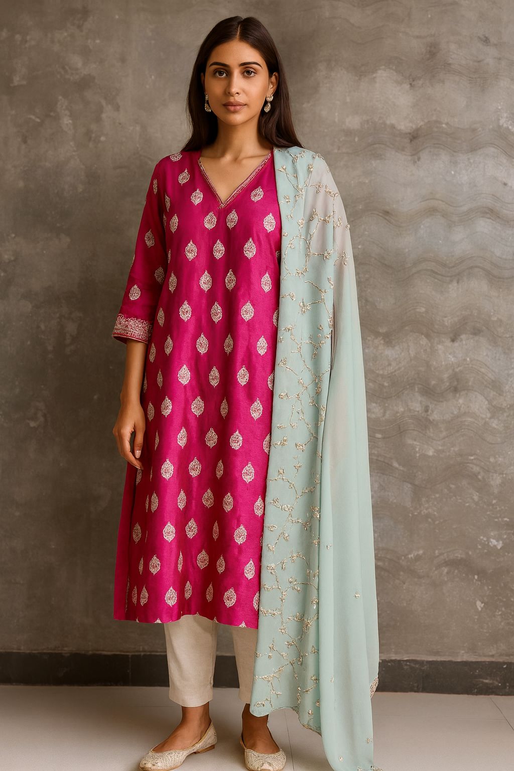 Woman wearing a pink kurta with white patterns and a light blue dupatta against a gray wall.Banarasi silk, featuring intricate Zardosi embroidery. Paired with a farshi salwar