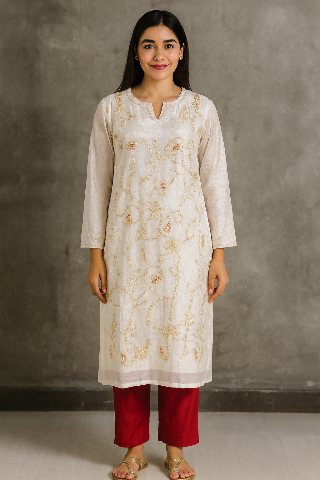 Woman wearing a white floral kurta with red pants against a gray background Beige Tissue Silk Kurta with Gottapatti & Dori Work, Red Palazzo