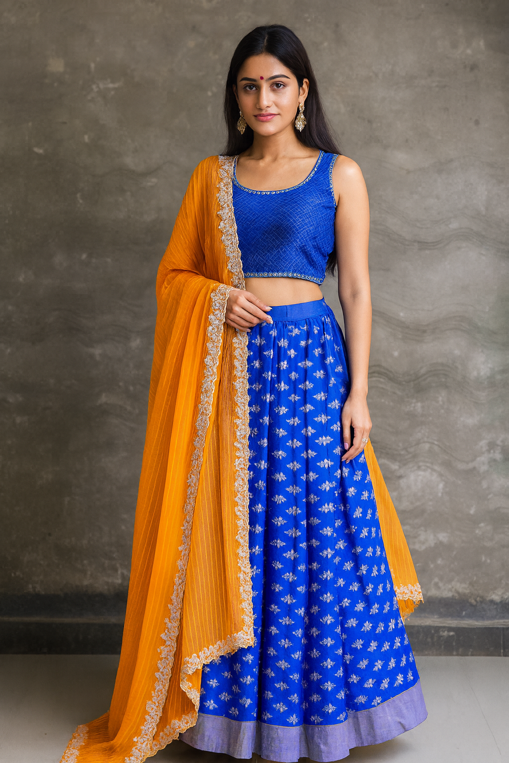Blue orange banarsi silk lehenga with zardozi organza dupatta