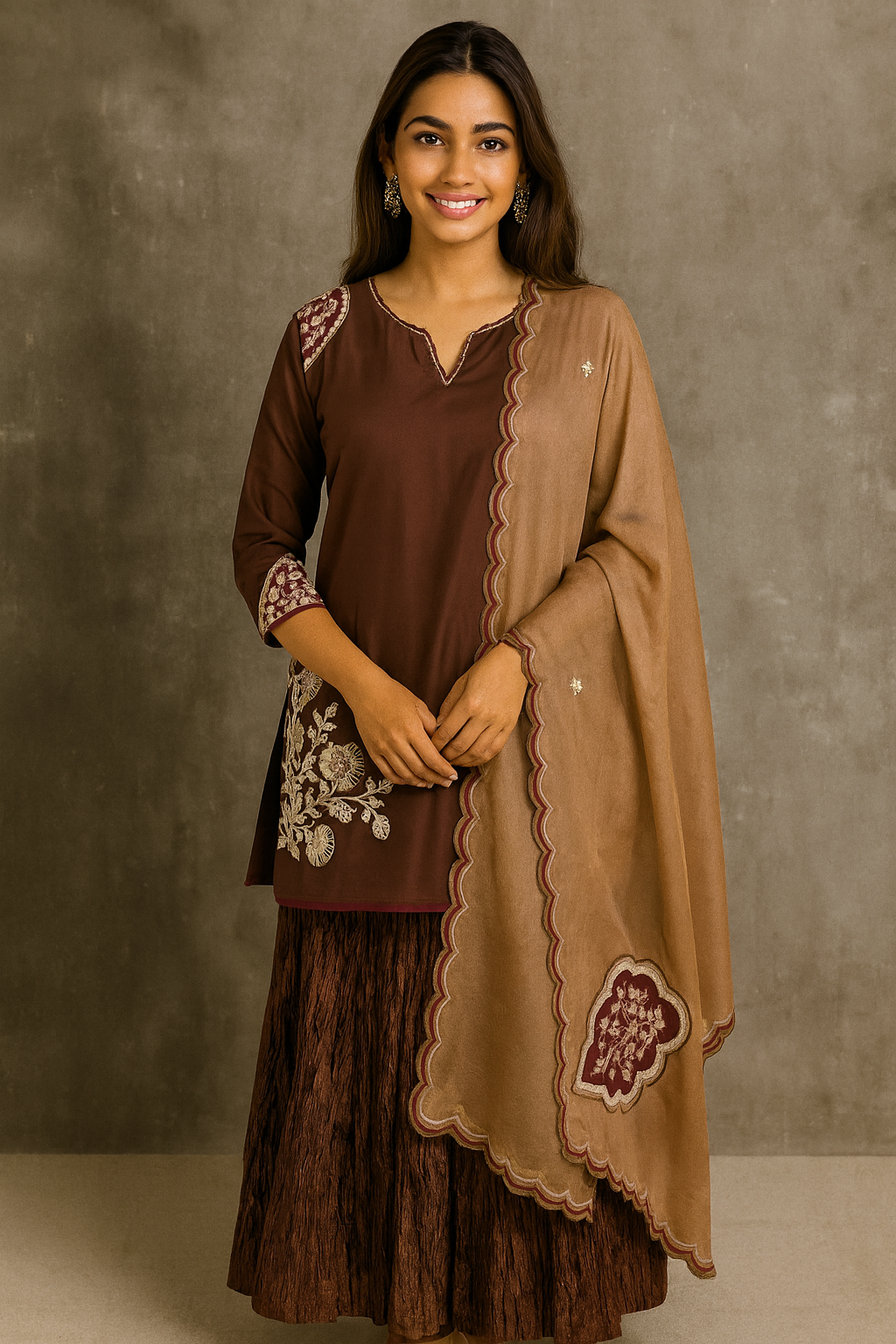 Woman wearing a brown traditional outfit with a matching dupatta against a plain background.Brown Silk Sharara Set with Patch Dori Marodi Work with Organza Dupatta