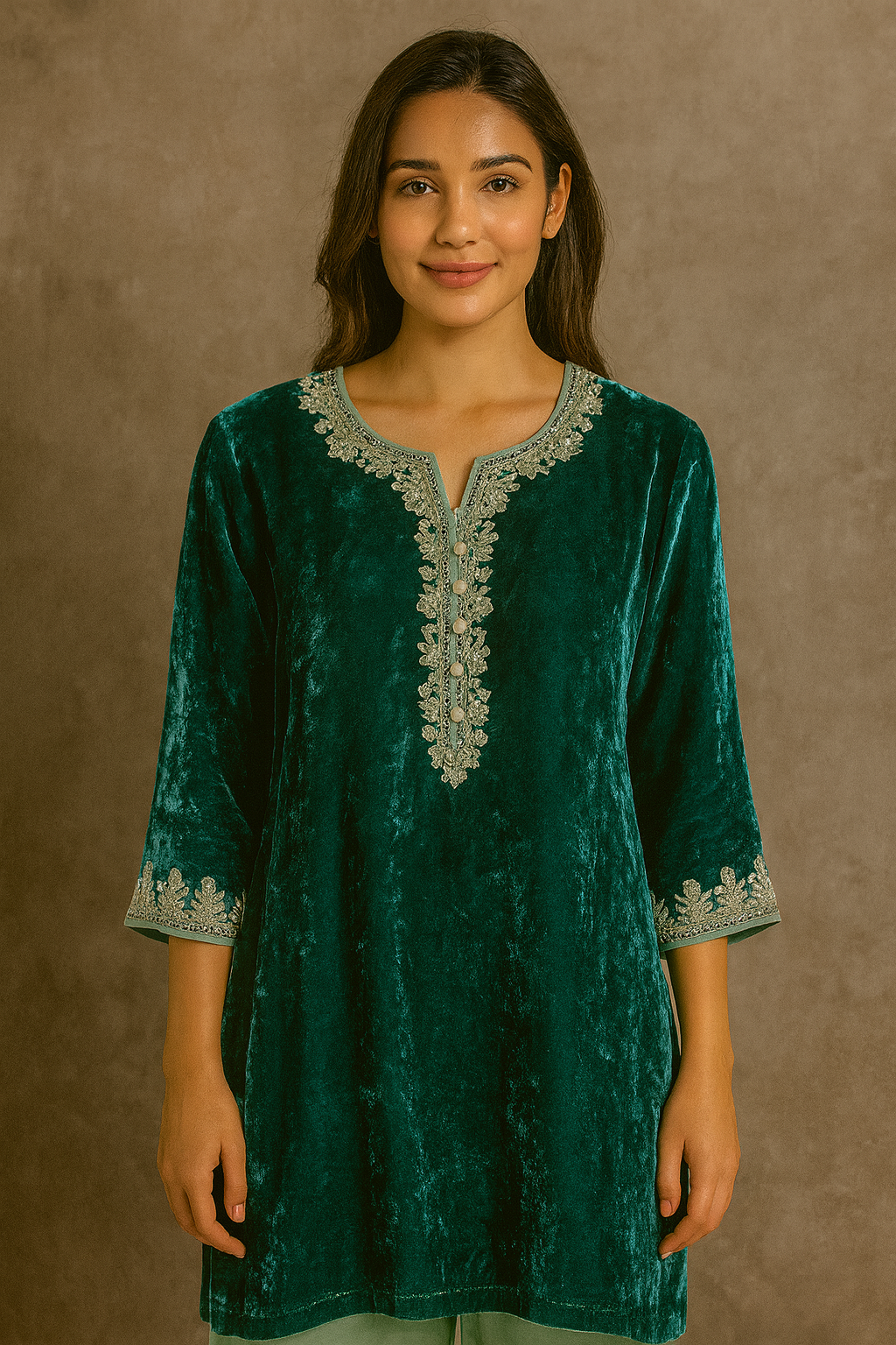 Woman wearing a green velvet dress with embroidery on a brown background Green Velvet Suit With Hand Embroidery
