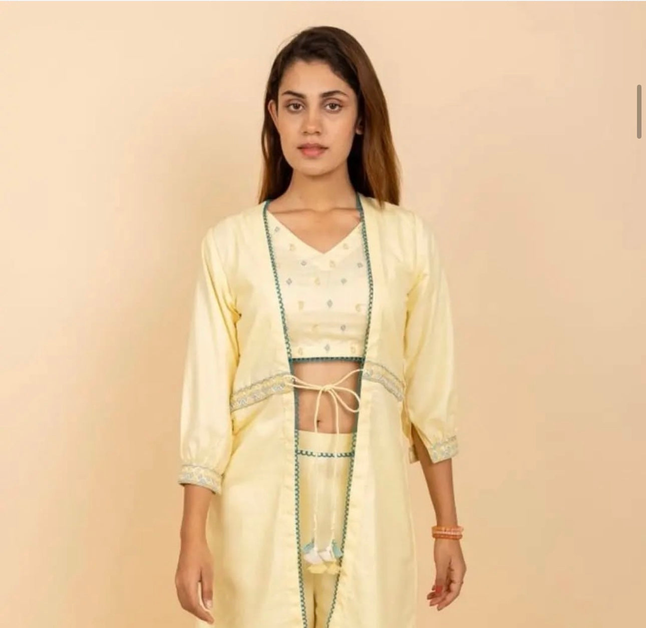 Beads handwork linen jacket with bustier and pants