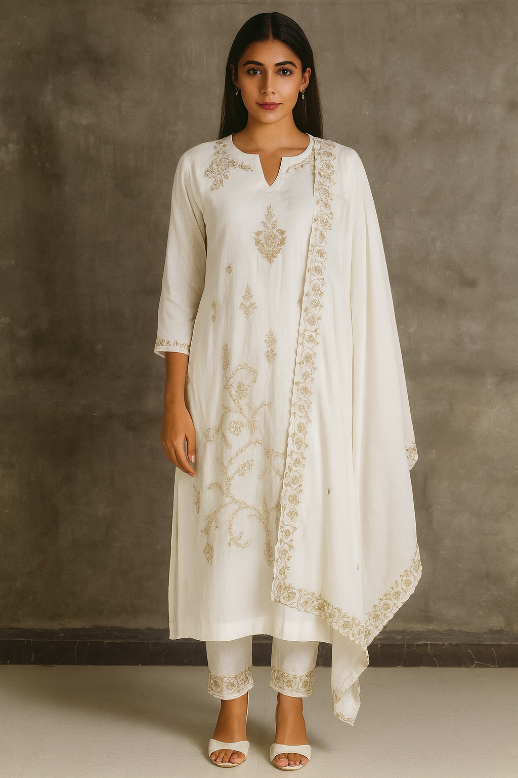 Woman wearing a white embroidered kurta with a matching dupatta against a neutral background Off-White MUL Suit with Zari Work