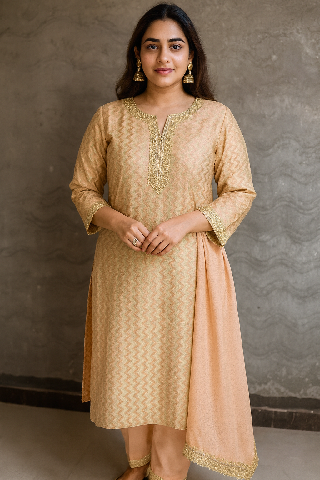 Woman wearing a peach traditional outfit with a and peach dupatta against a gray wall.