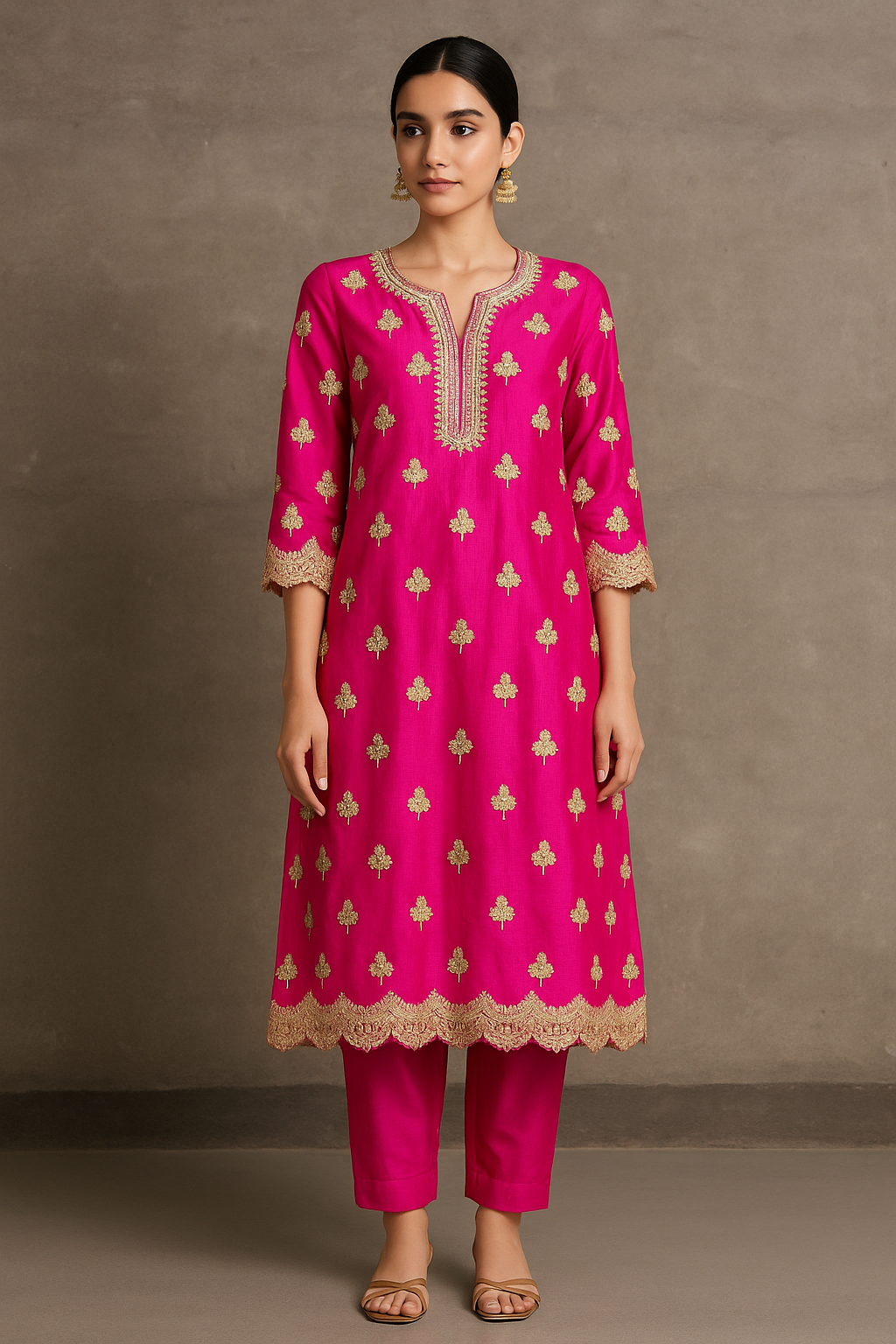 Woman wearing a pink traditional outfit with gold patterns against a brown background Pink Silk A-Line Kurta Set with Zardozi, Gottapatti & Dori Marodi