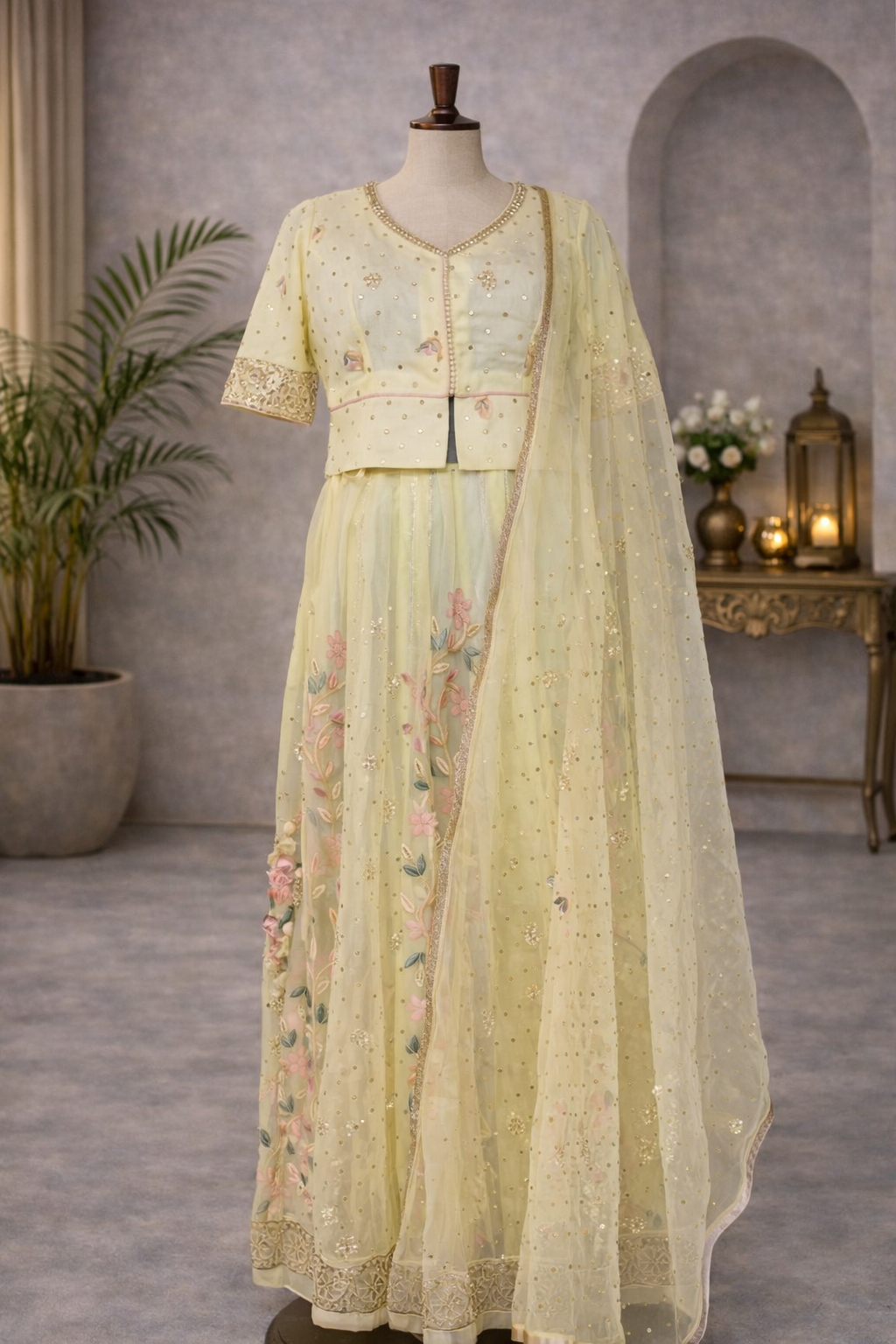 Yellow Parsi embroidery mukaish organza legenga
