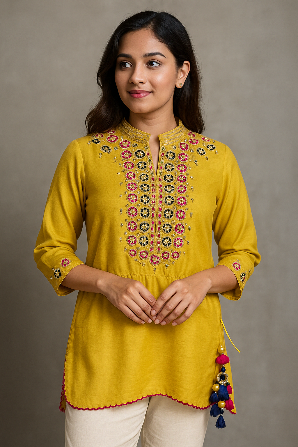 Woman wearing a yellow embroidered top with colorful tassels on a gray background Yellow Silk Short Kurta with Multicolour Embroidery Gotta Patti