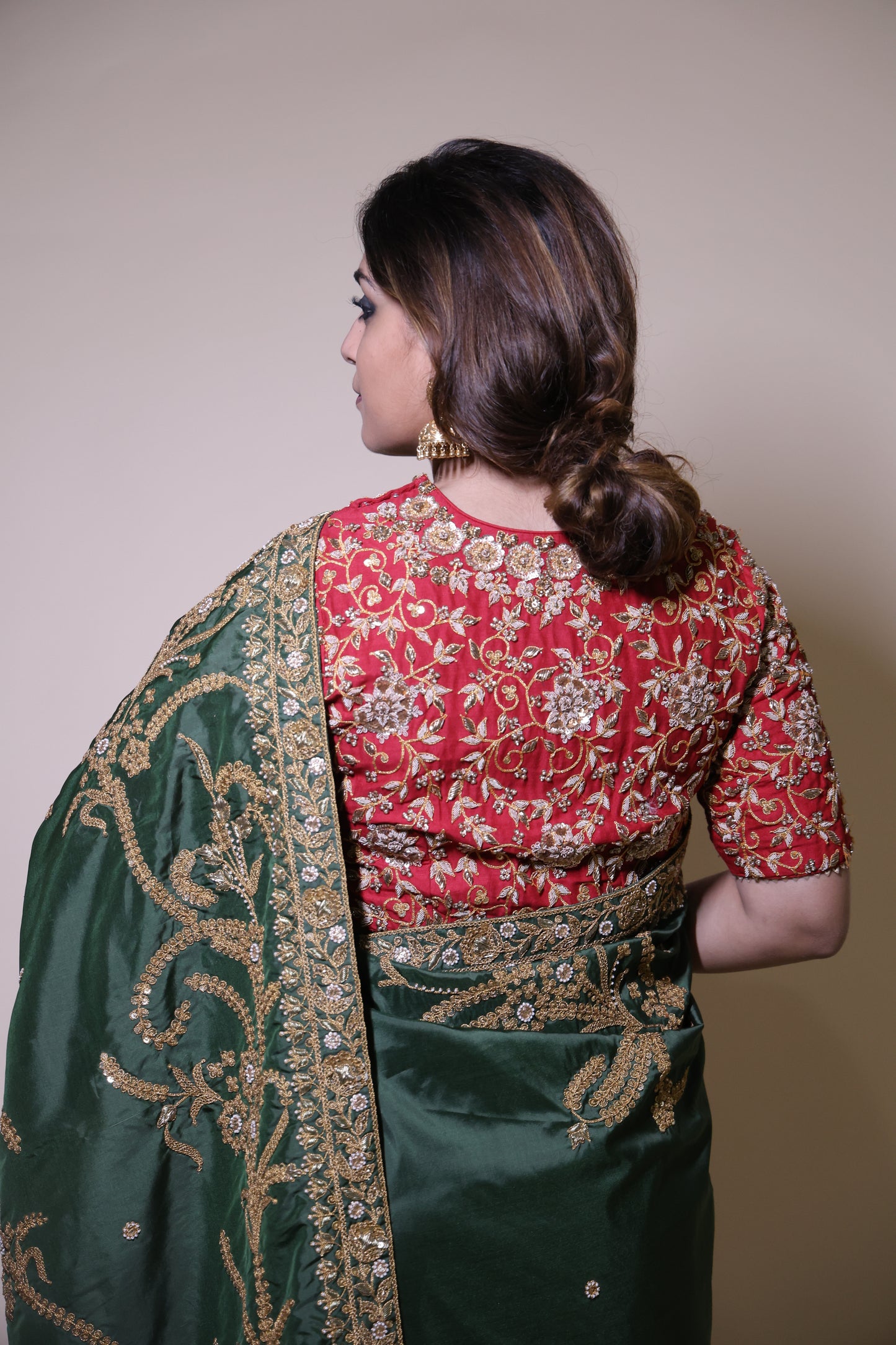 Green Dori–Marori Bridal Saree with Red Jaal Blouse