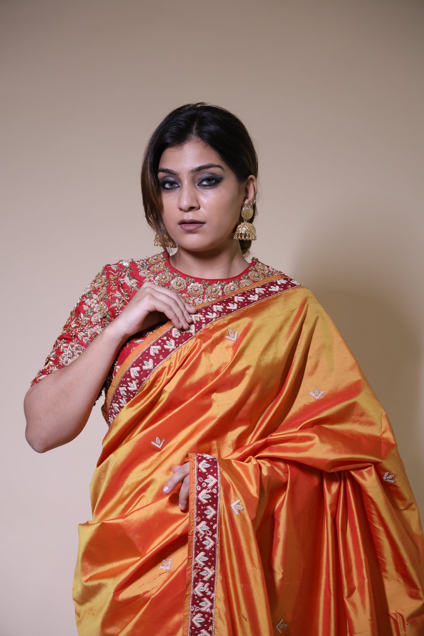 Mustard Gold Zardozi Saree with Red Blouse
