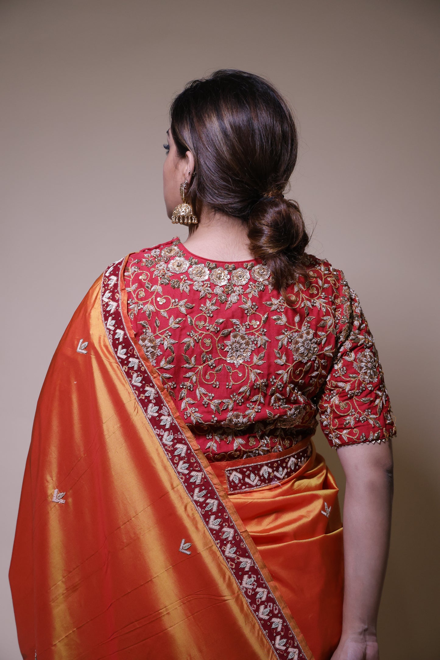 Mustard Gold Zardozi Saree with Red Blouse