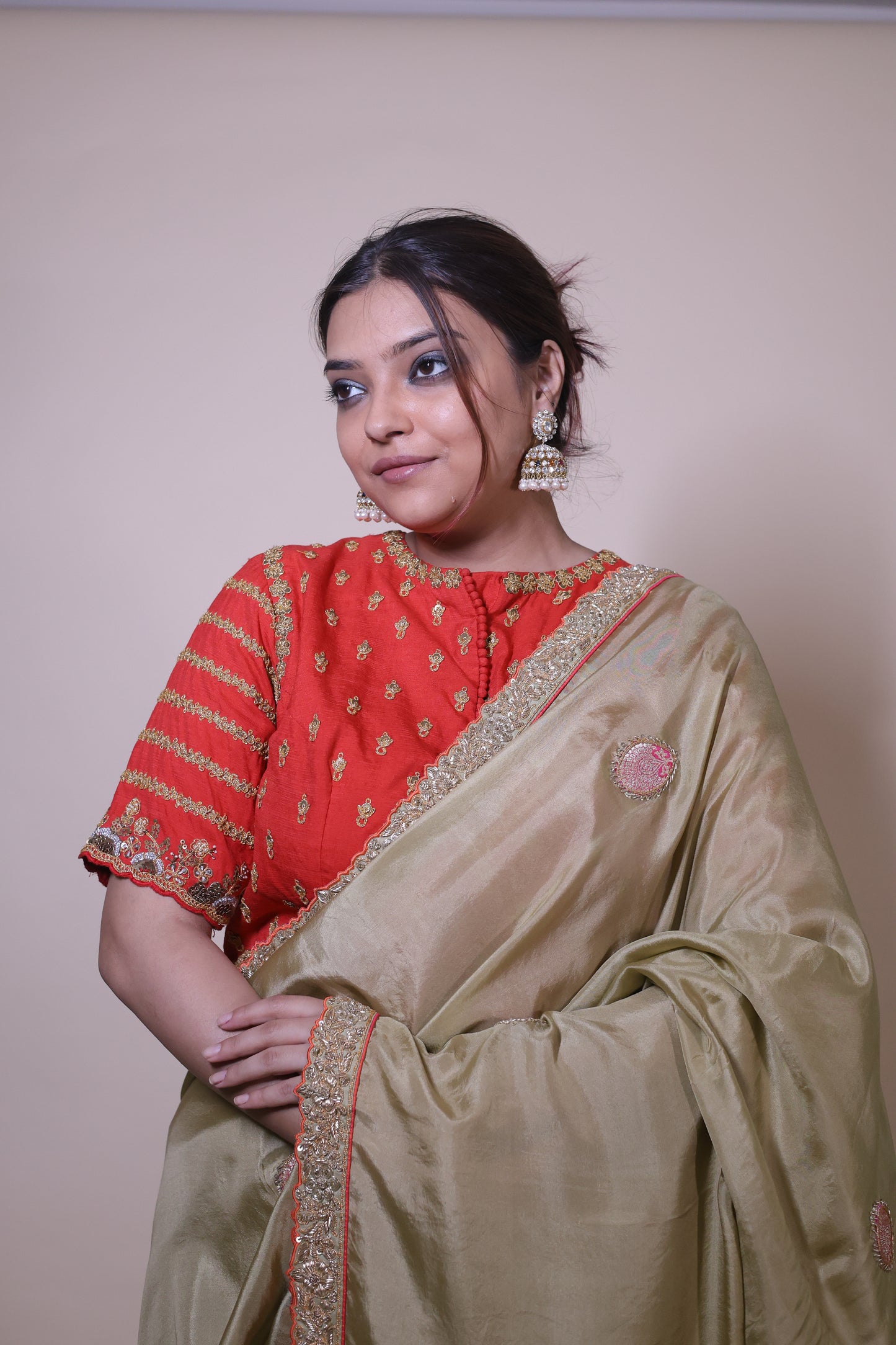 Green Silk Zardozi Saree with Rust Blouse