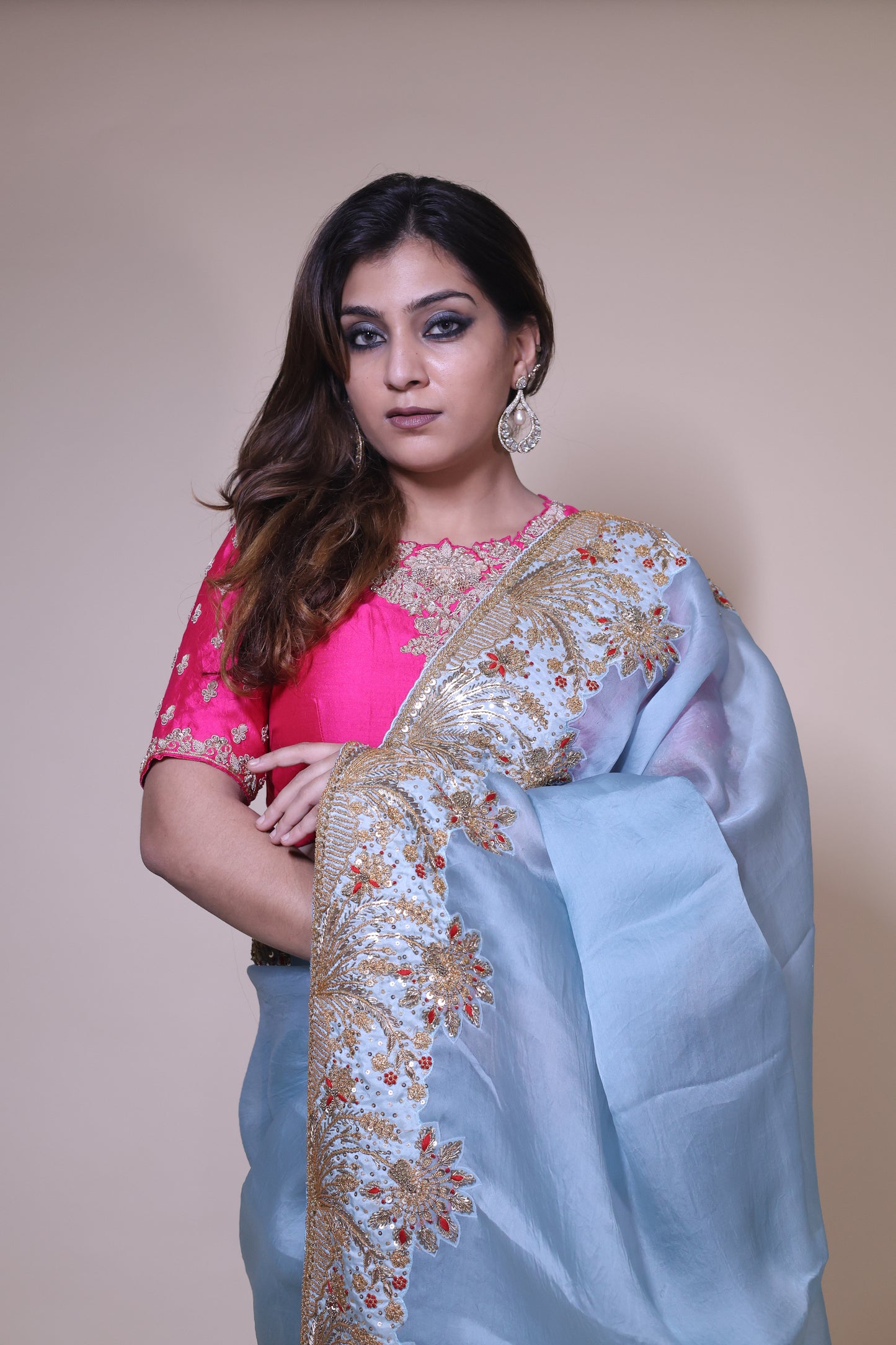 Blue Organza Satin Saree with pink blouse