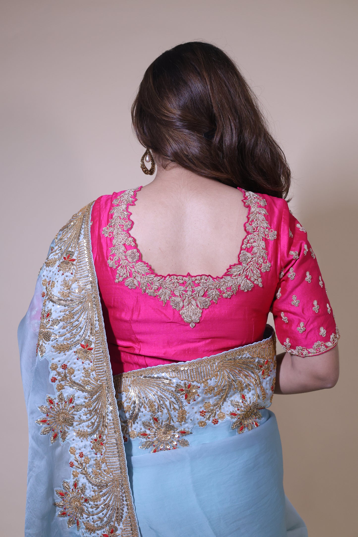 Blue Organza Satin Saree with pink blouse