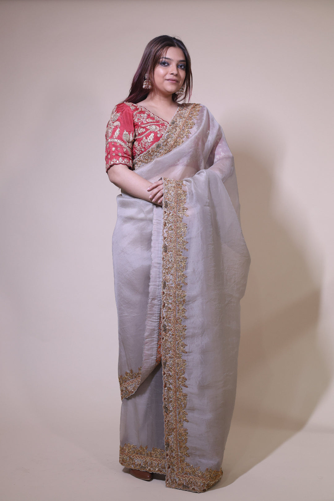 Beige Organza Saree with Red Blouse