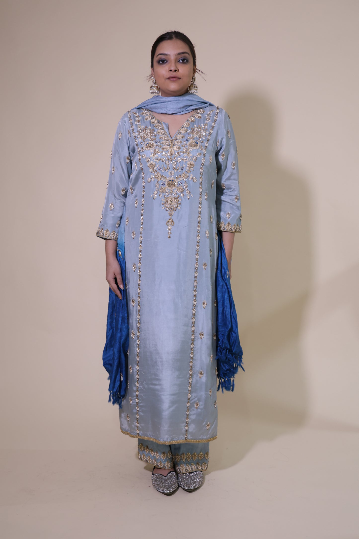 Blue silk  handwork suit with tussar dupatta