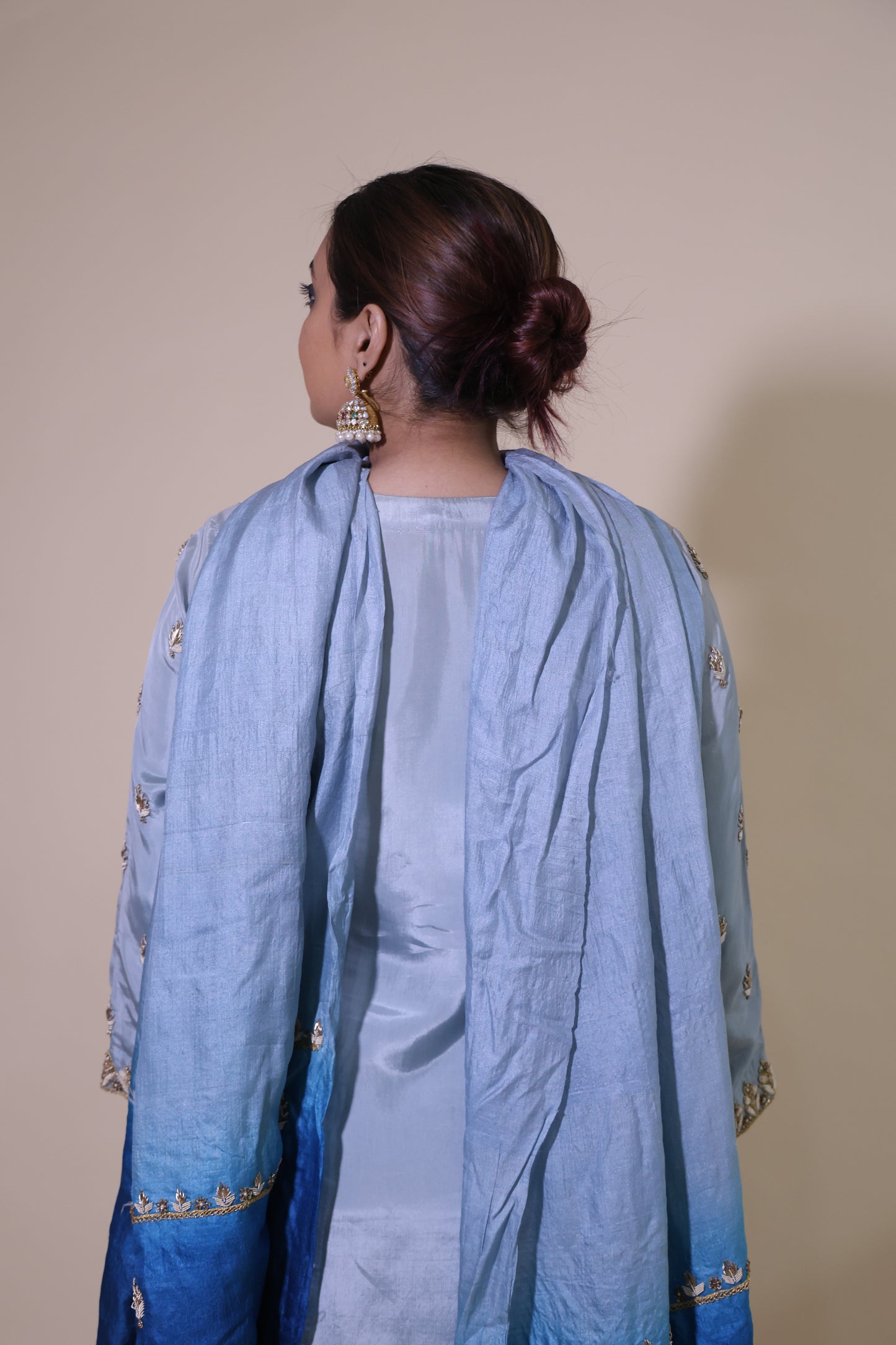 Blue silk  handwork suit with tussar dupatta
