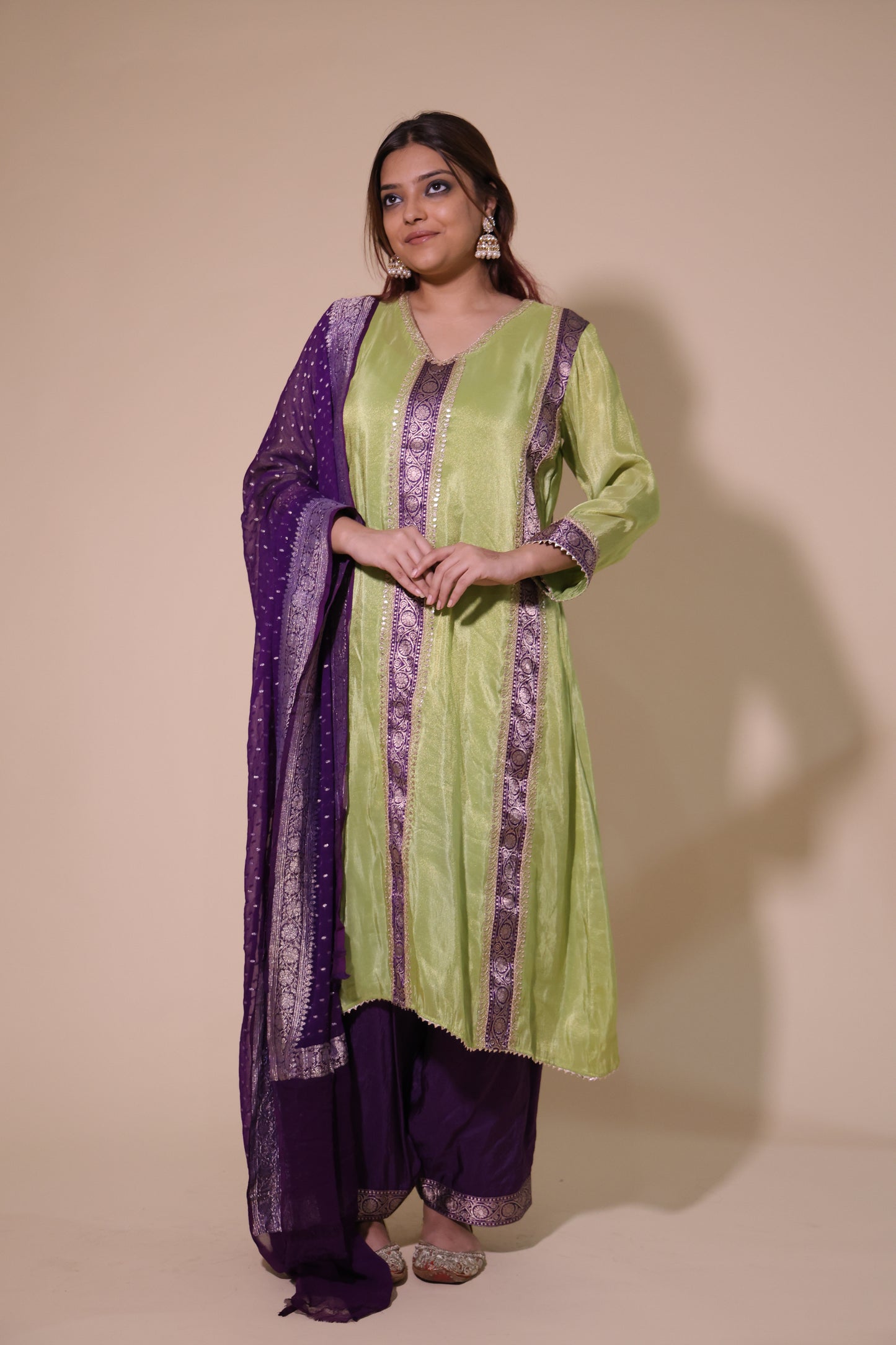 Tissue Gree and Purple Silk Banarasi Salwar Suit with Dori Marodi with Georgette Banarasi Dupatta
