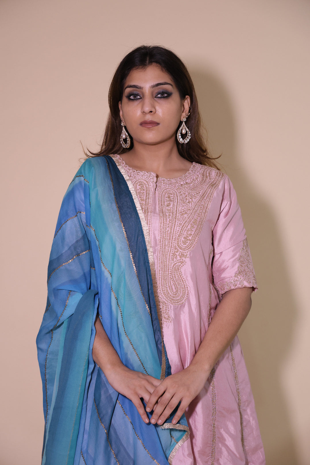 Rose Pink A-Line Chola Kurta with Salwar with Blue Dupatta