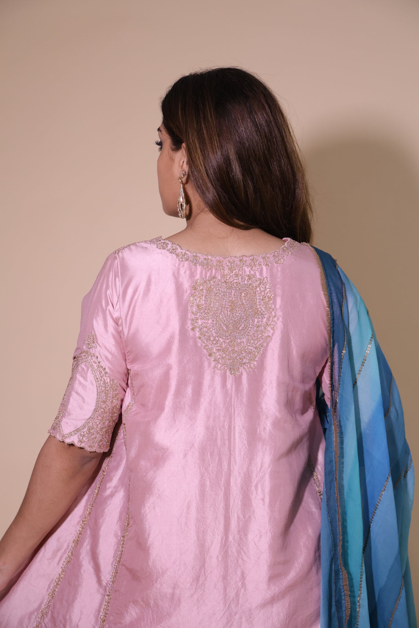 Rose Pink A-Line Chola Kurta with Salwar with Blue Dupatta