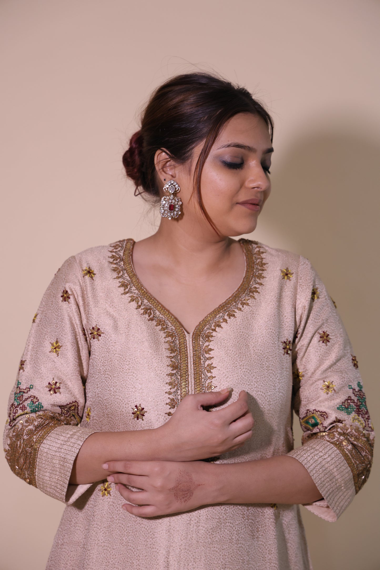 Cream Heavy Banarasi Kurta with Dori Tari Work & Red Palazzo