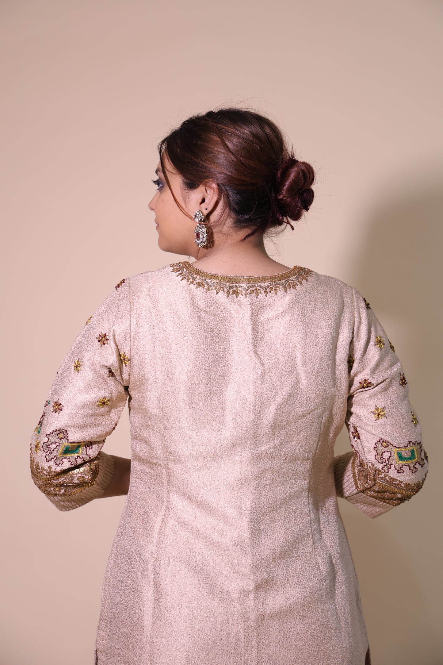 Cream Heavy Banarasi Kurta with Dori Tari Work & Red Palazzo