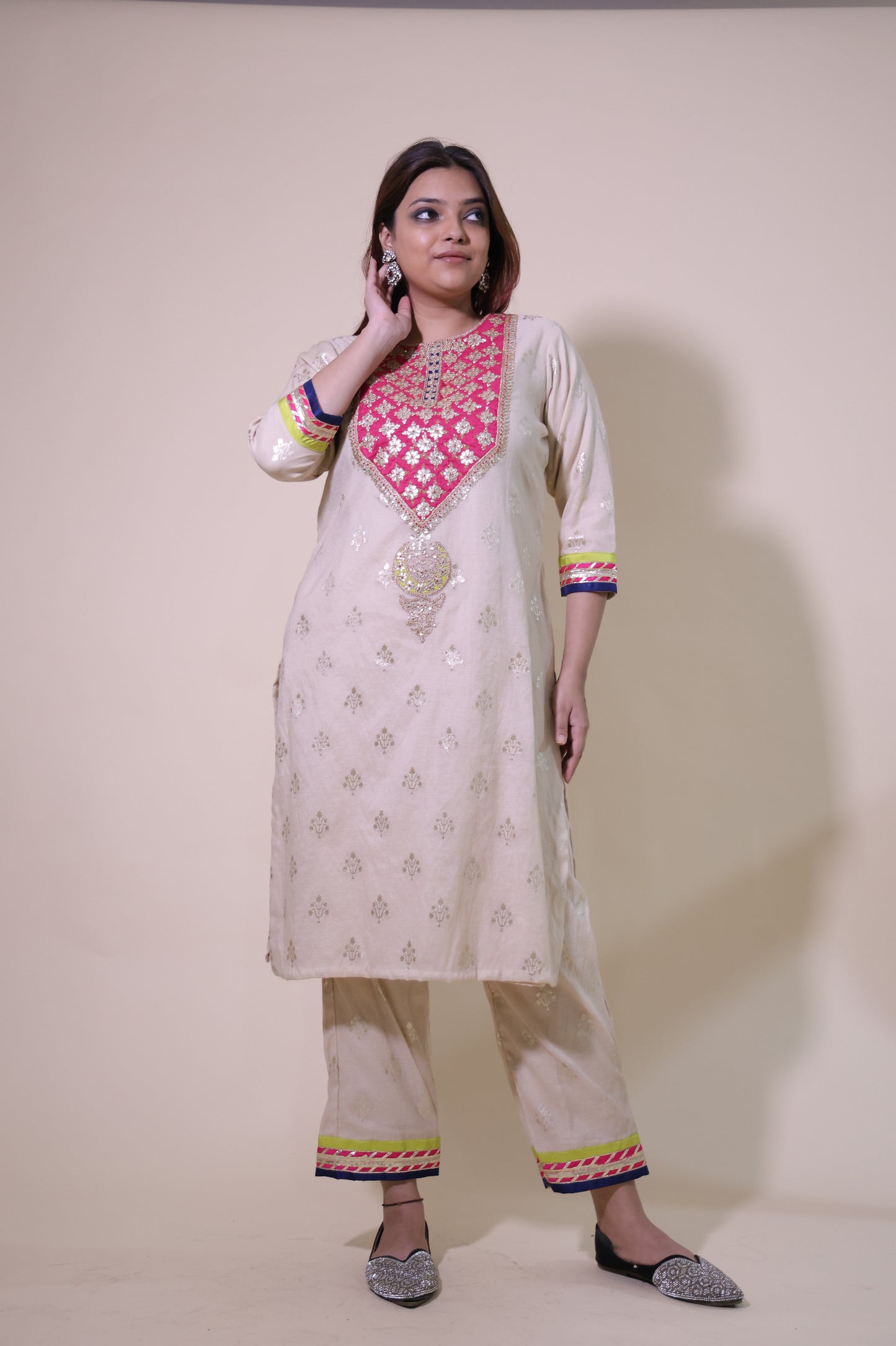 Off White Chanderi Banarasi Silk Kurta Set with Patch Gottapatti