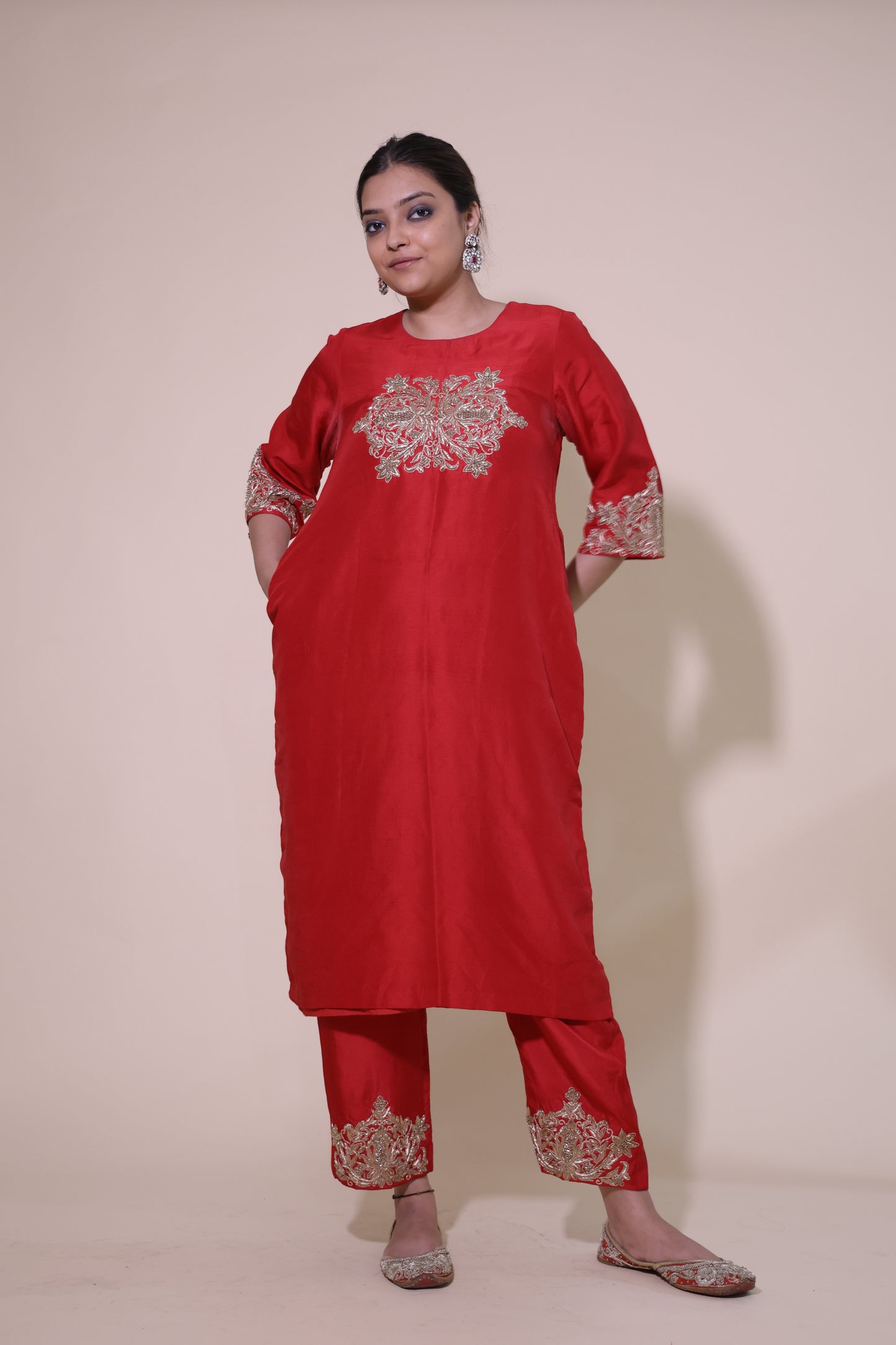 Red Pakistani Kurta Set with Zardozi Work
