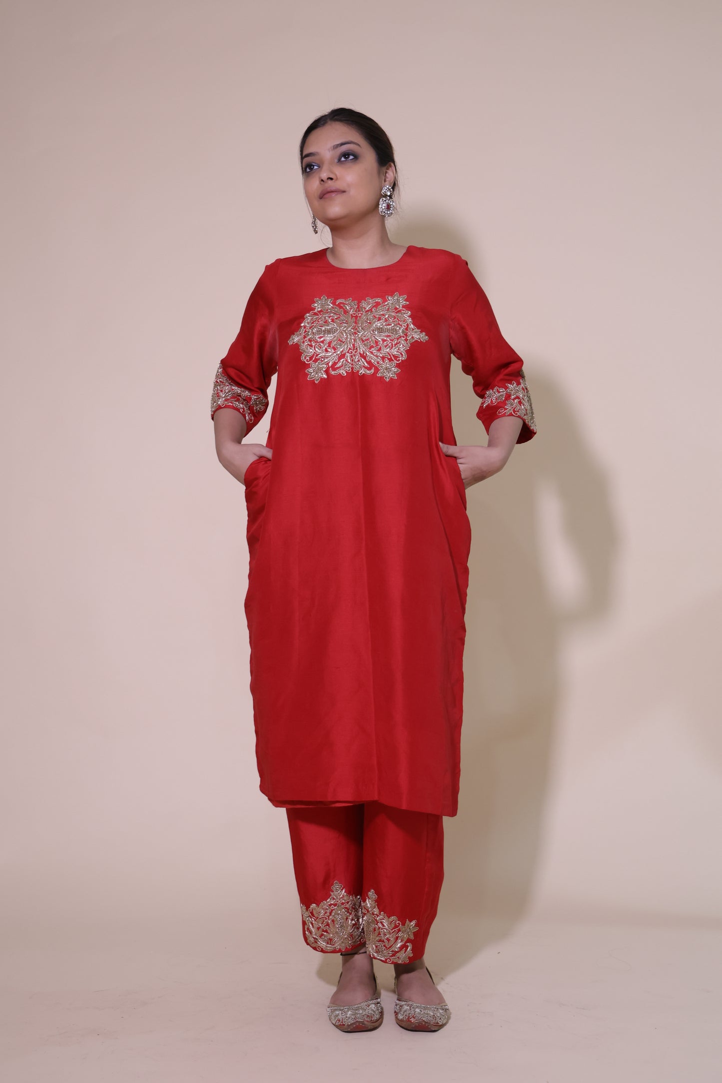 Red Pakistani Kurta Set with Zardozi Work