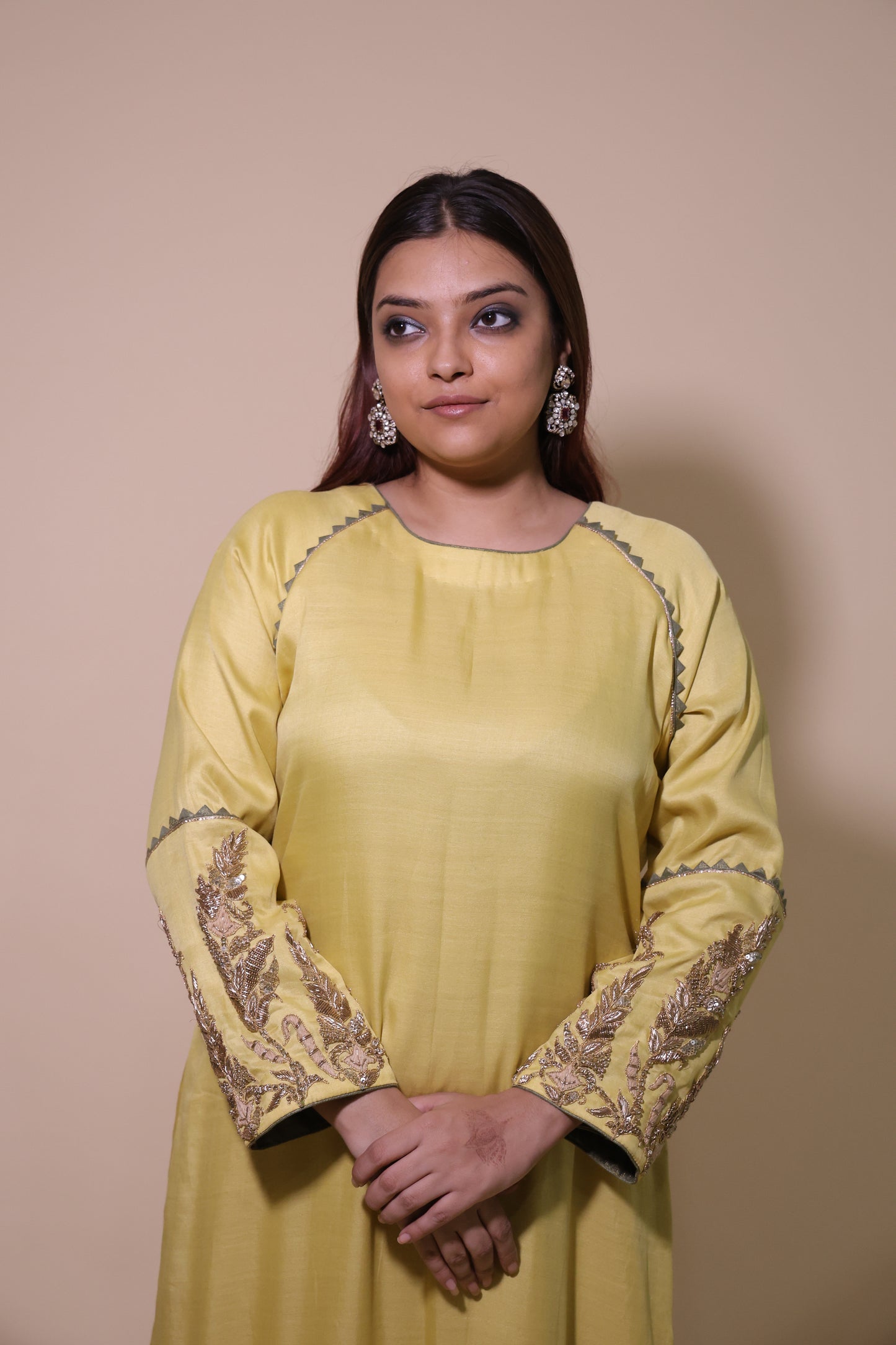 Yellow Silk Kurta with Zardozi Handwork & Red Palazzo