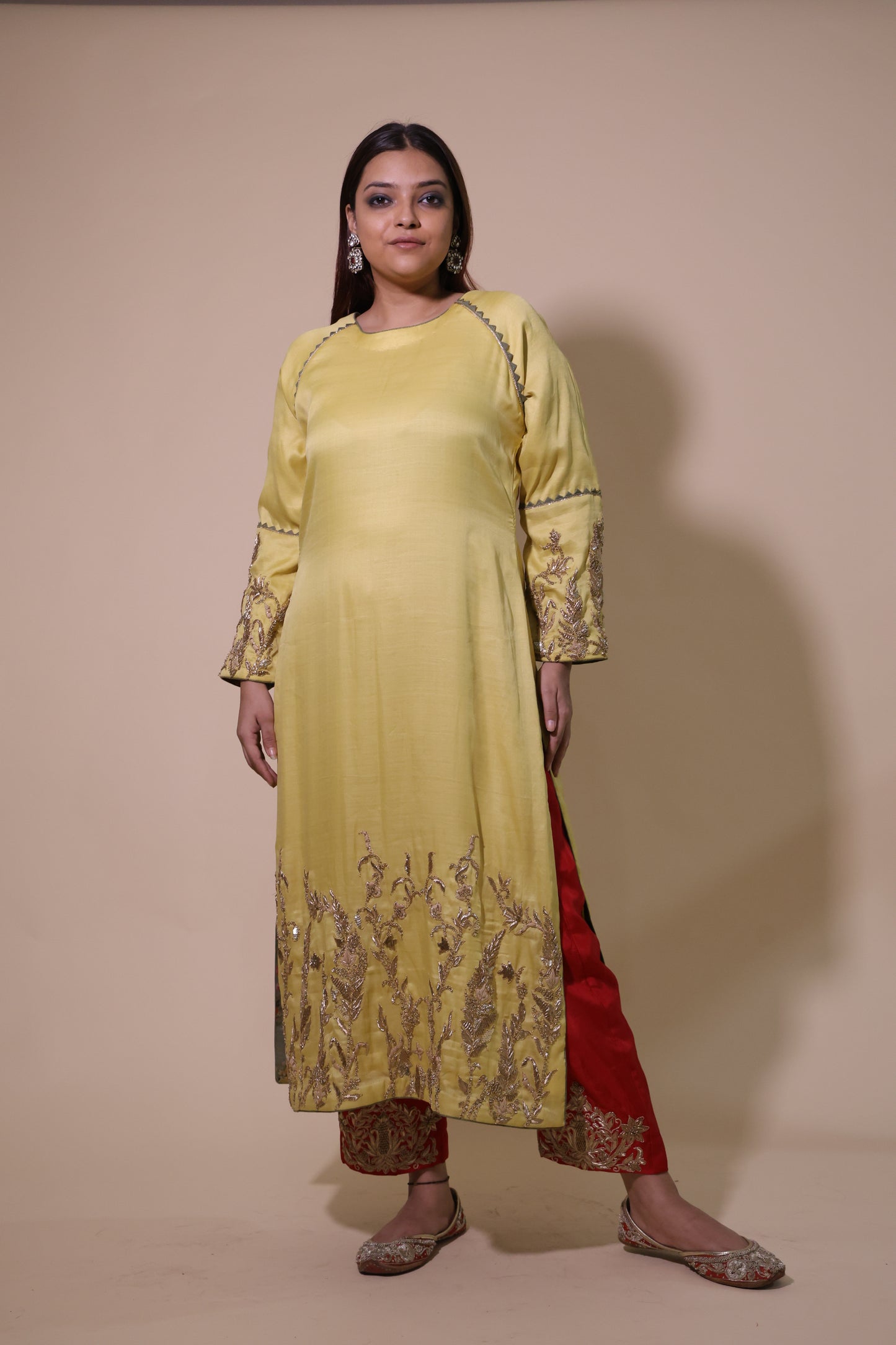 Yellow Silk Kurta with Zardozi Handwork & Red Palazzo