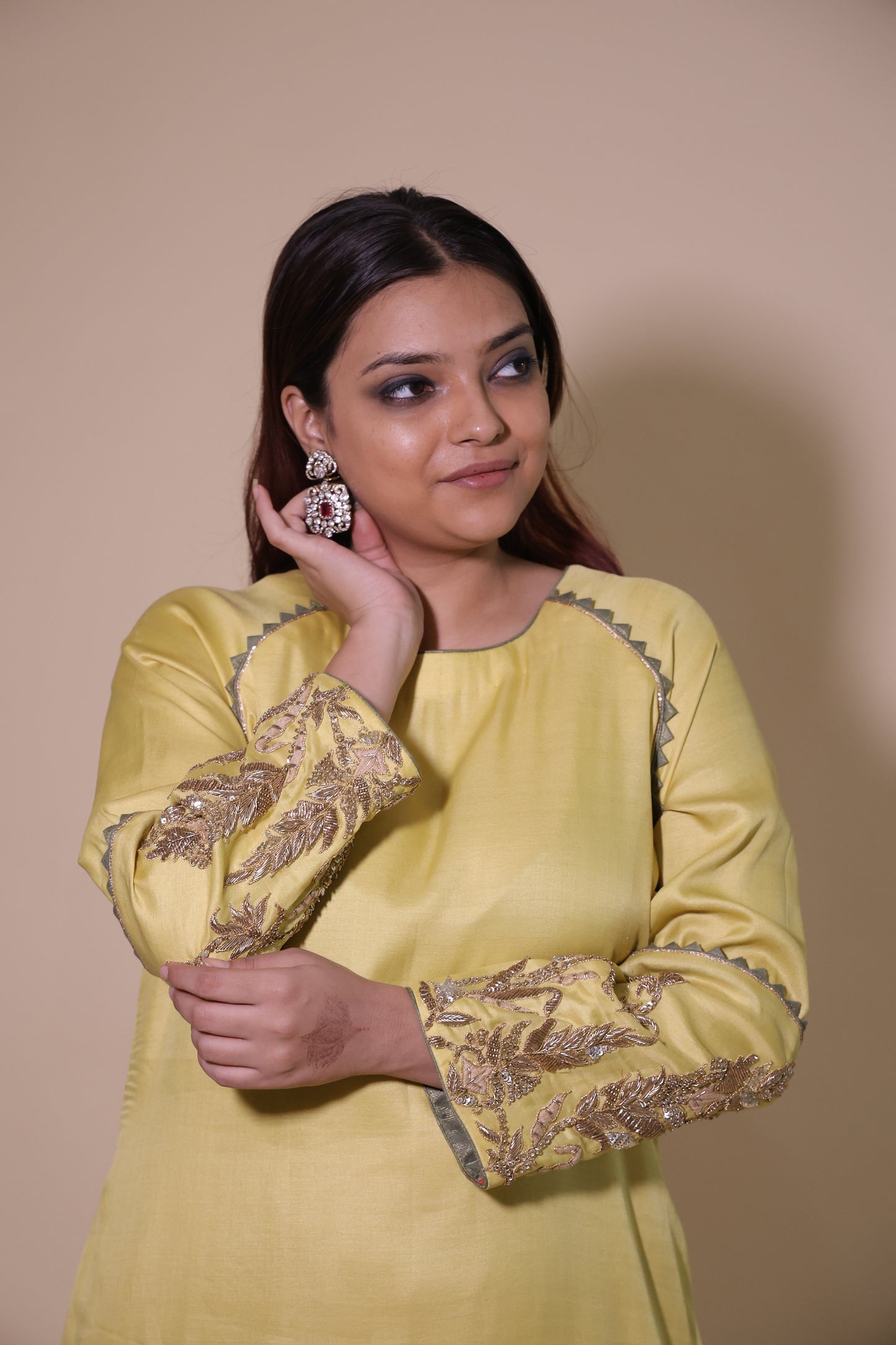 Yellow Silk Kurta with Zardozi Handwork & Red Palazzo