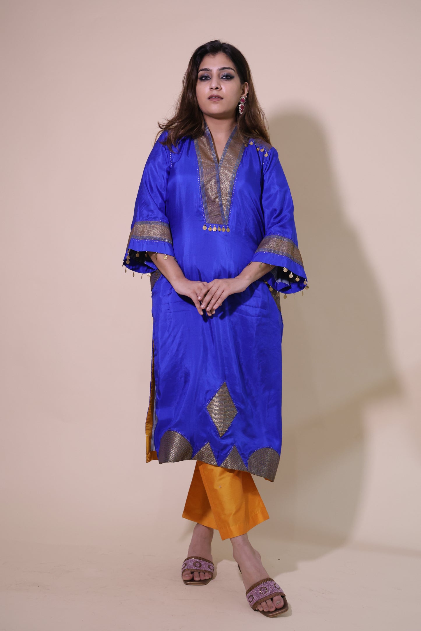 Dark Blue Banarasi Silk Kurta Set with Mustard Pants