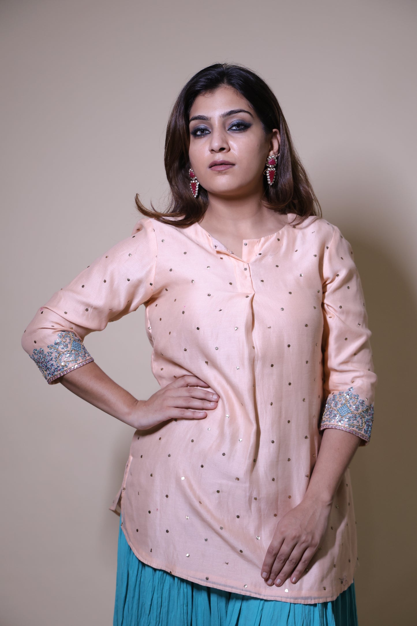 Peach Mukaish Chanderi Short Kurta with Contemporary Gottapatti with Crushed Cotton Skirt