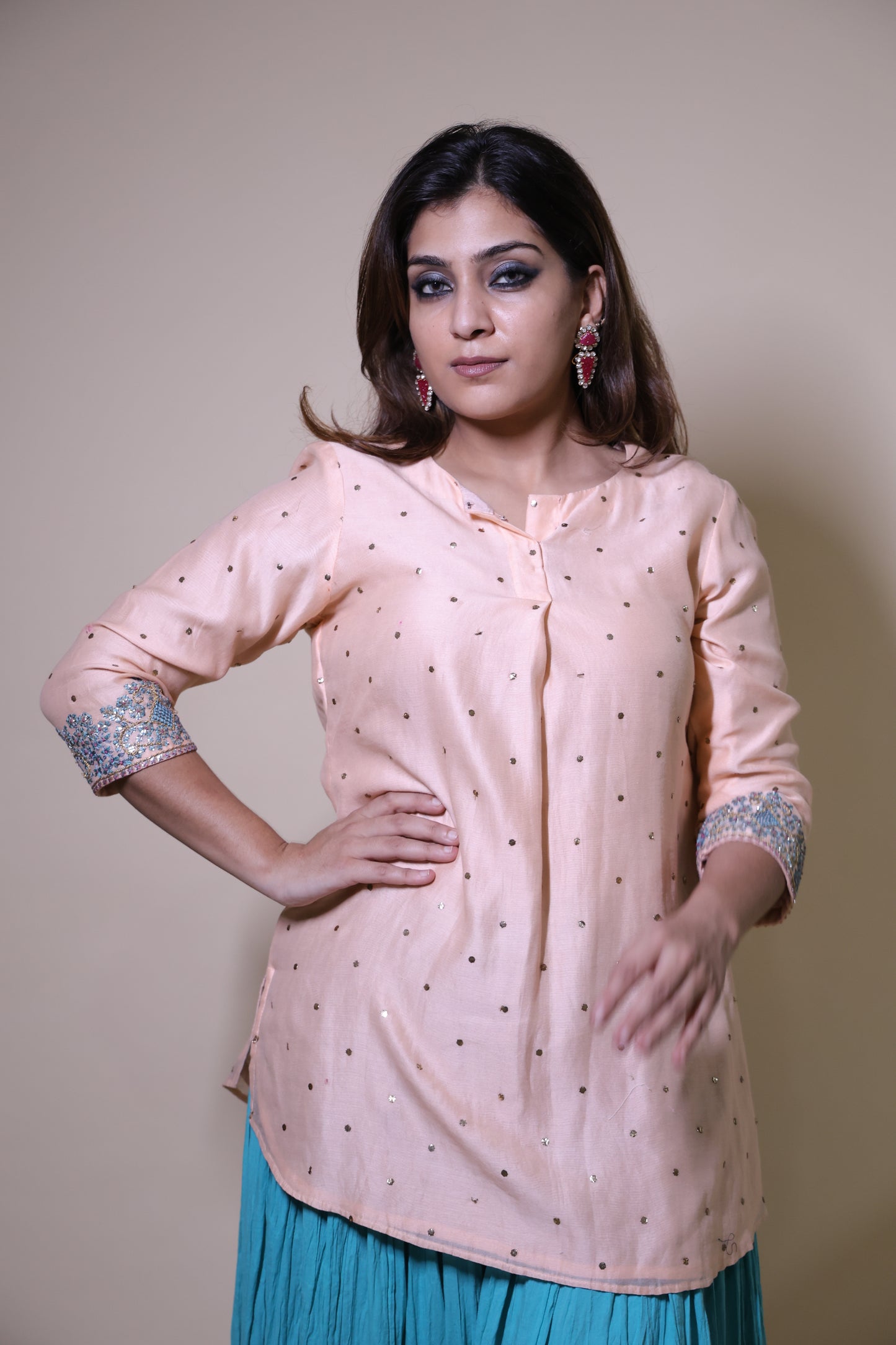 Peach Mukaish Chanderi Short Kurta with Contemporary Gottapatti with Crushed Cotton Skirt
