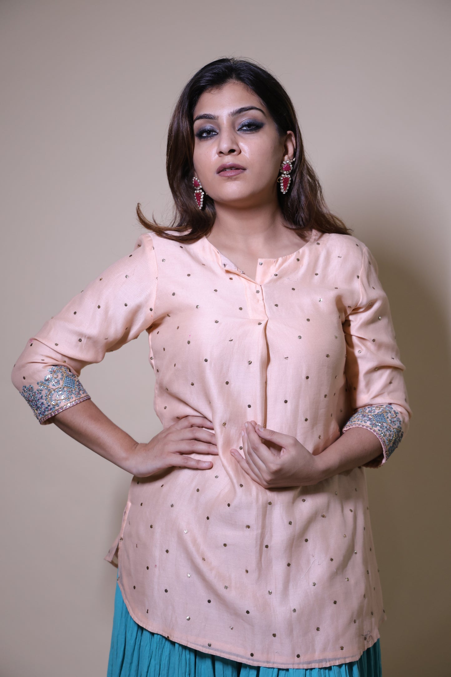 Peach Mukaish Chanderi Short Kurta with Contemporary Gottapatti with Crushed Cotton Skirt