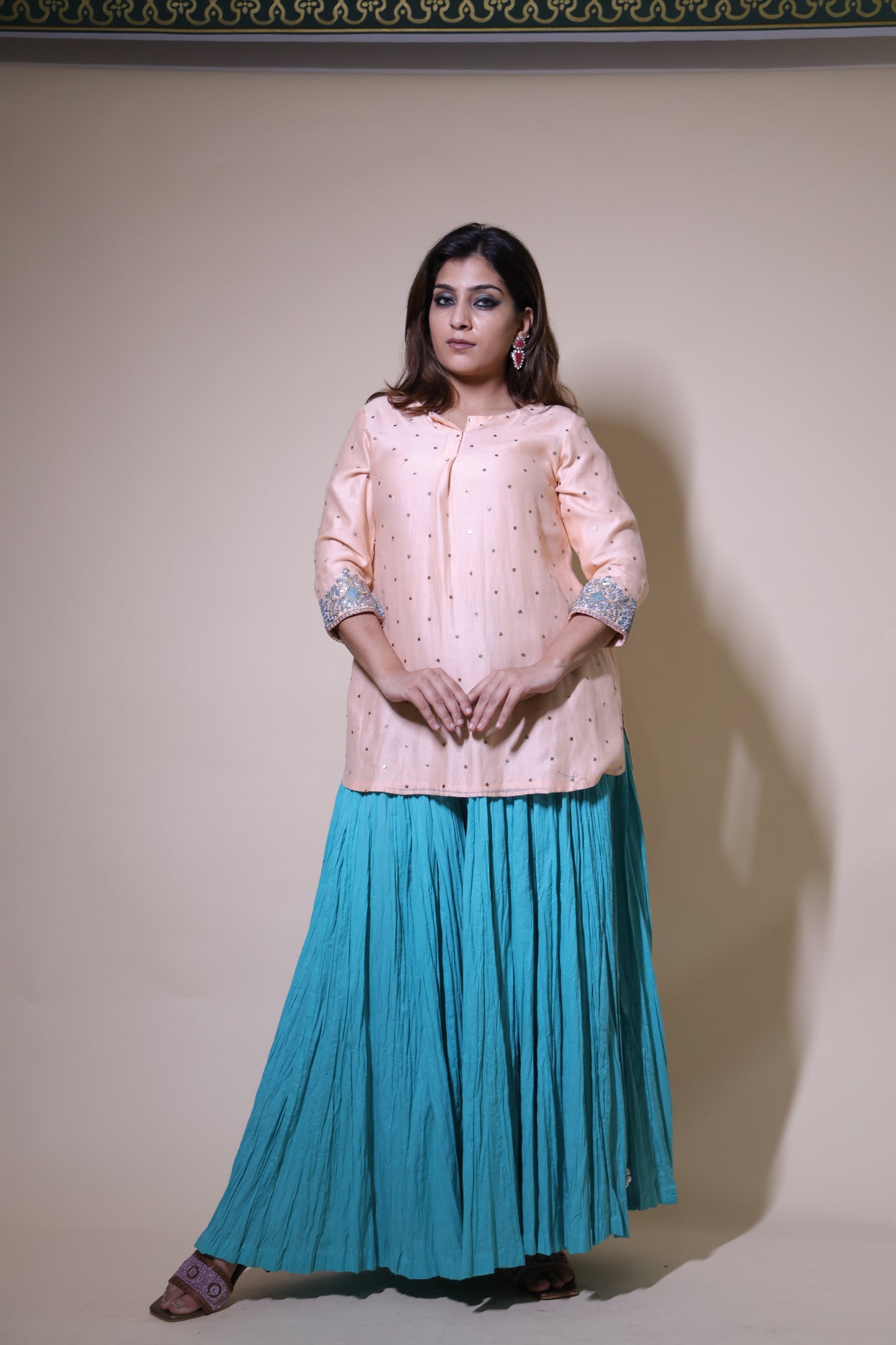 Peach Mukaish Chanderi Short Kurta with Contemporary Gottapatti with Crushed Cotton Skirt